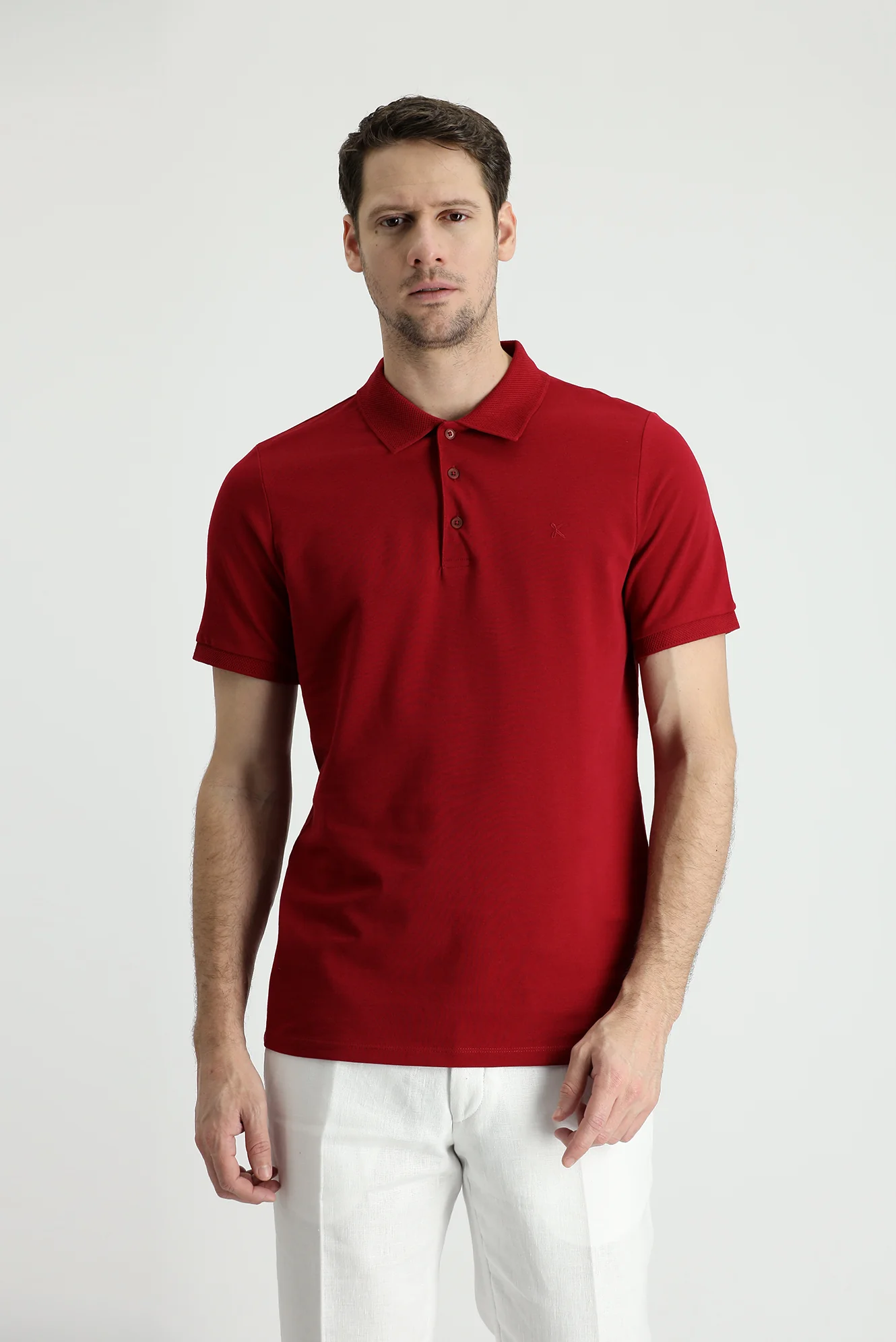 Koyu Kırmızı Polo Yaka Slim Fit Dar Kesim Nakışlı Pamuk Tişört - Image 2