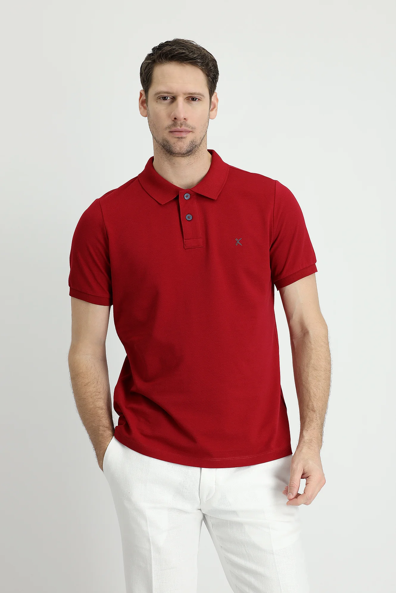 Koyu Kırmızı Polo Yaka Slim Fit Dar Kesim Nakışlı Pamuk Tişört - Image 2