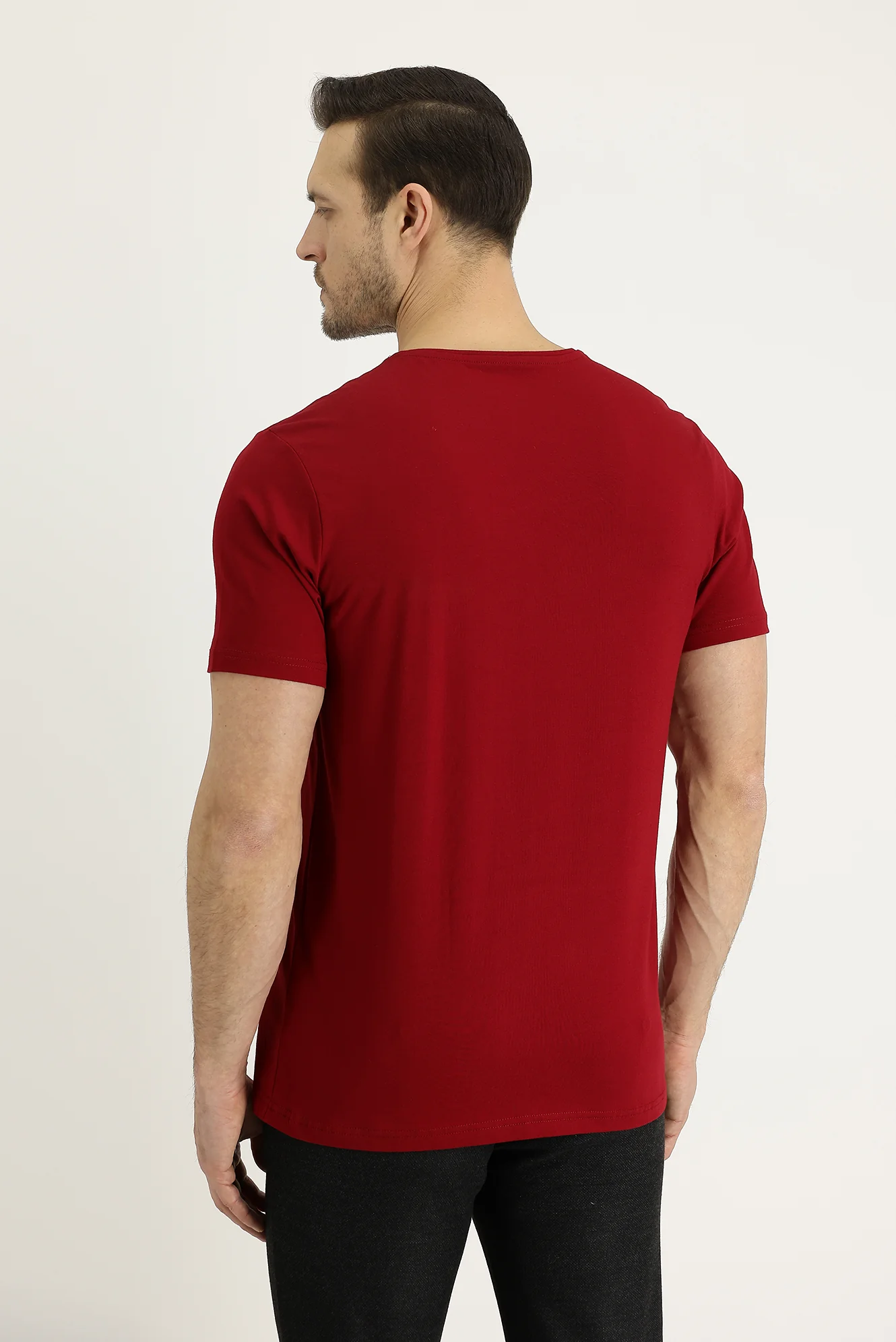 Koyu Kırmızı V Yaka Slim Fit Dar Kesim Nakışlı Tişört Pamuklu - Image 3