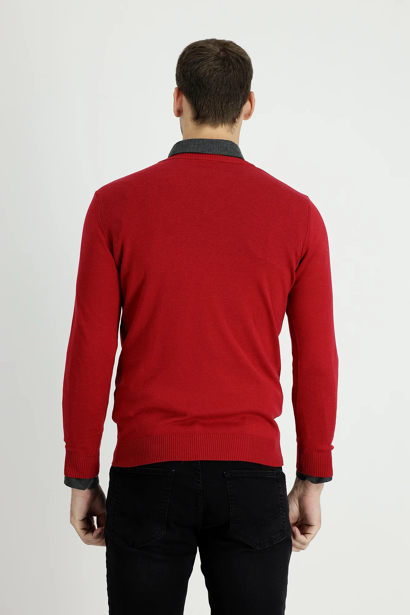 Koyu Kırmızı V Yaka Slim Fit Dar Kesim Pamuklu Triko Kazak - Image 3
