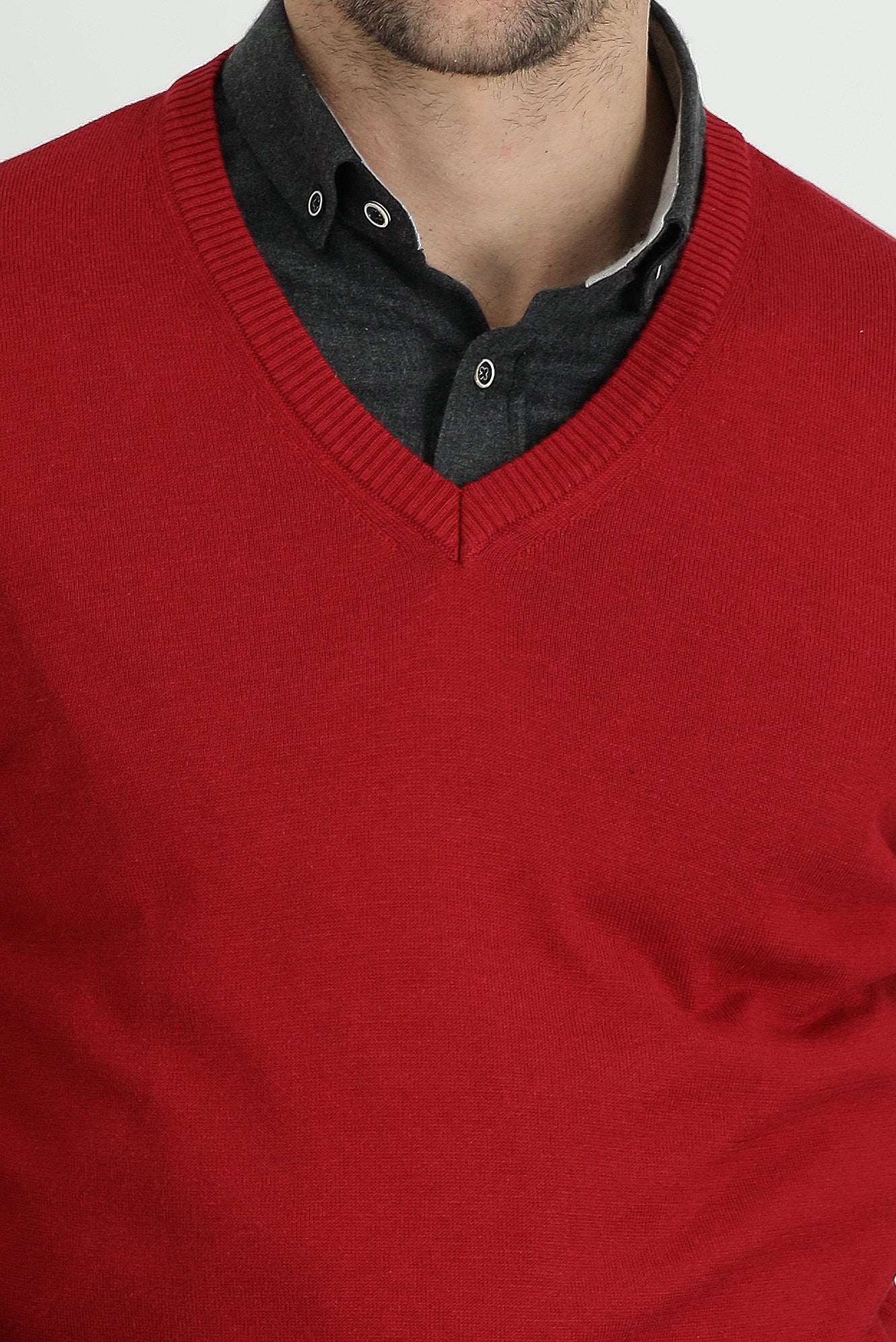 Koyu Kırmızı V Yaka Slim Fit Dar Kesim Pamuklu Triko Kazak - Image 4