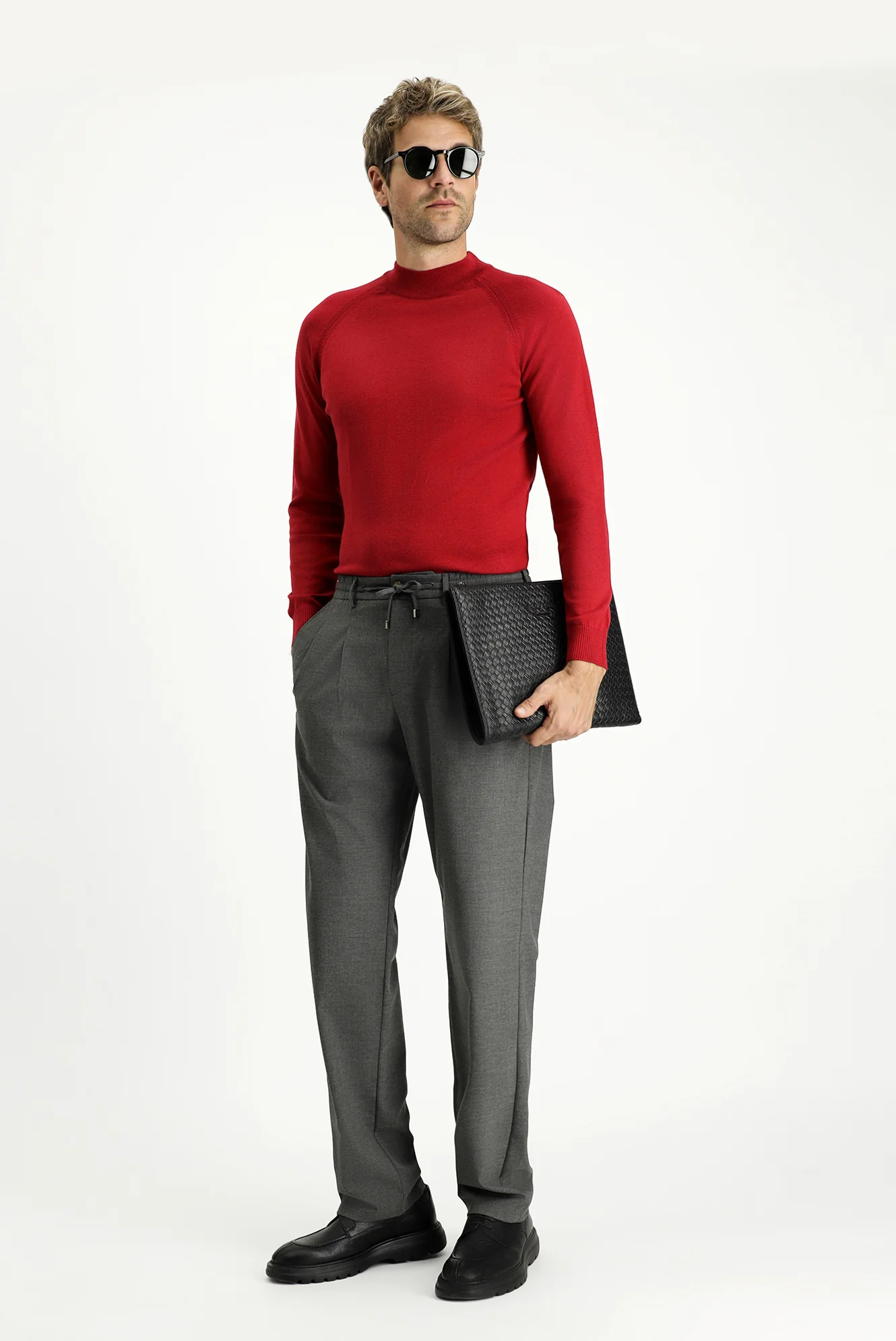 Koyu Kırmızı Yarım Balıkçı Yaka Slim Fit Dar Kesim Pamuklu Triko Kazak