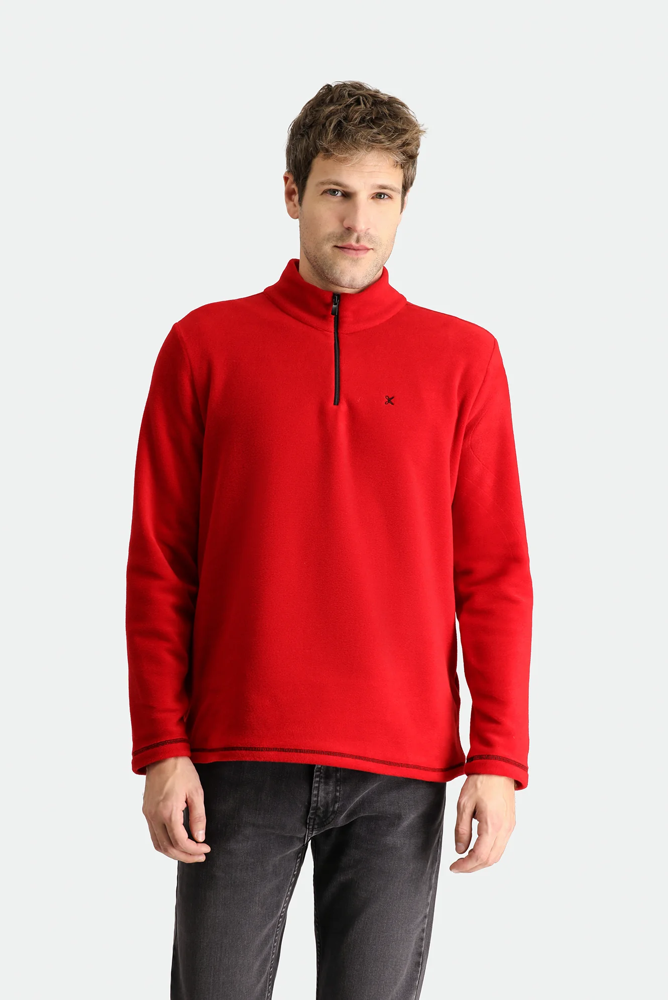 Koyu Kırmızı Yarım Fermuarlı Dik Yaka Soğuk Geçirmez Tüylenme Yapmayan Polar Sweatshirt - Image 3