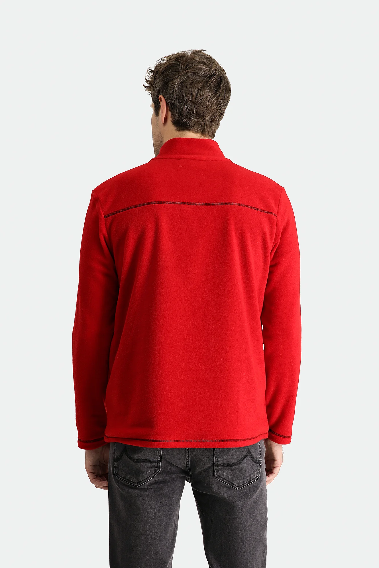 Koyu Kırmızı Yarım Fermuarlı Dik Yaka Soğuk Geçirmez Tüylenme Yapmayan Polar Sweatshirt - Image 4