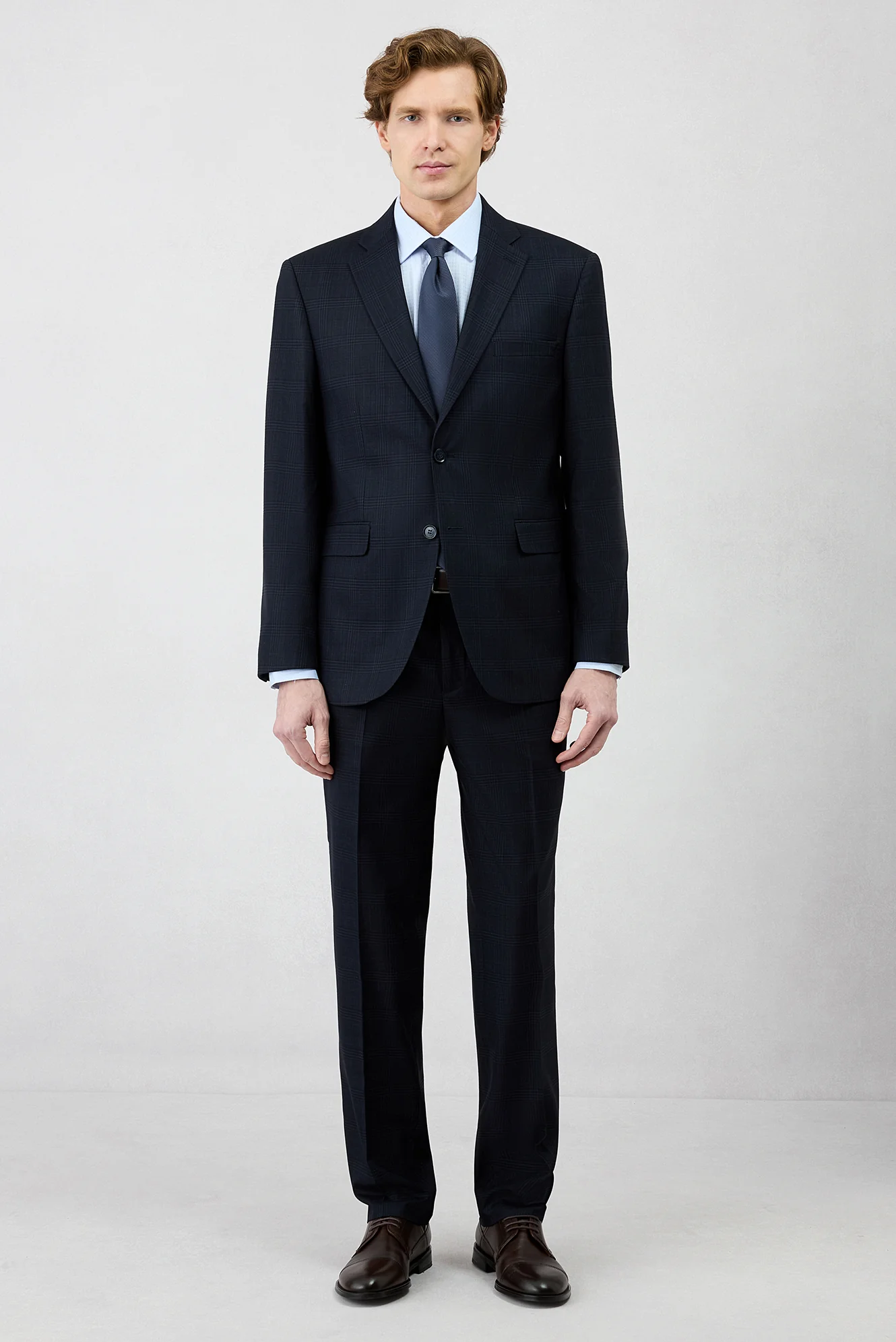 Koyu Lacivert 4 Drop Relaxed Fit Rahat Kesim Mono Yaka Ekose Beli Lastikli Likralı Takım Elbise - Image 2