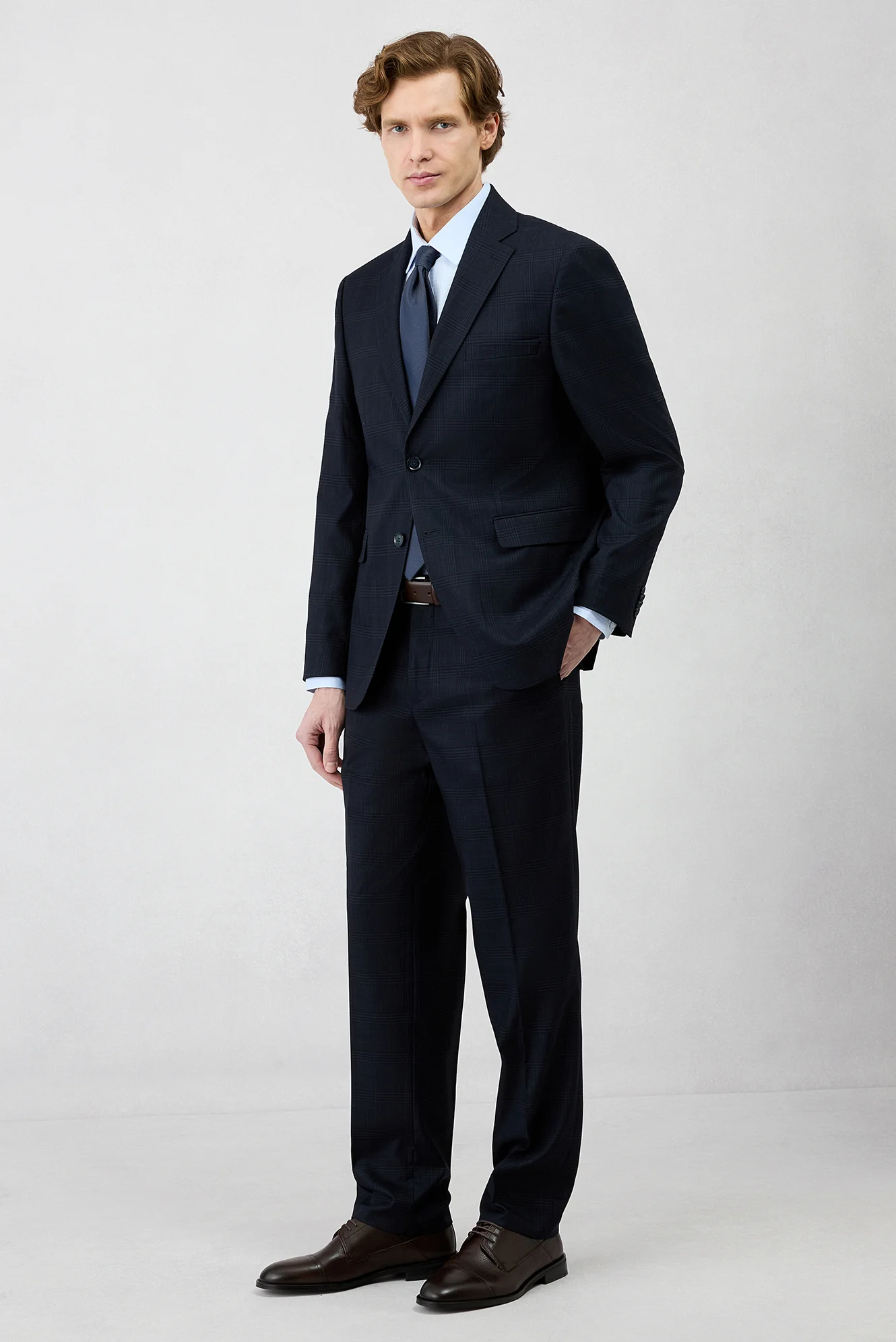 Koyu Lacivert 4 Drop Relaxed Fit Rahat Kesim Mono Yaka Ekose Beli Lastikli Likralı Takım Elbise - Image 3