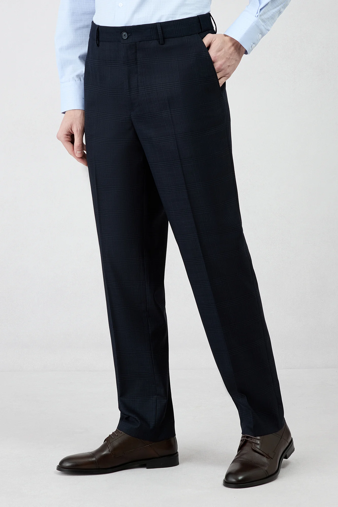 Koyu Lacivert 4 Drop Relaxed Fit Rahat Kesim Mono Yaka Ekose Beli Lastikli Likralı Takım Elbise - Image 6