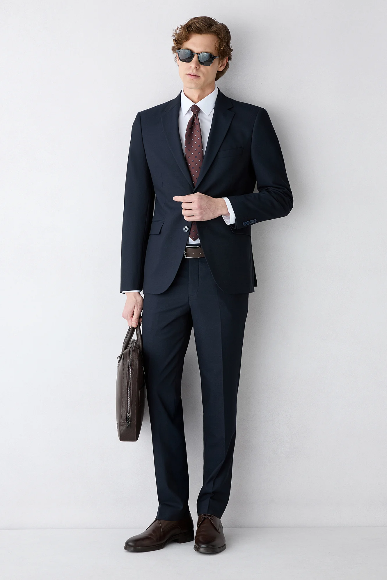 Koyu Lacivert 4 Drop Relaxed Fit Rahat Kesim Mono Yaka Yünlü Takım Elbise - Image 9