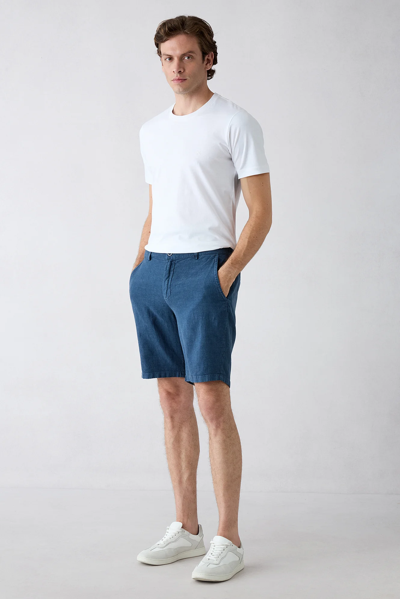 Koyu Lacivert Regular Fit Beli Lastikli Keten Karışımlı Çizgili Bermuda Şort - Image 4