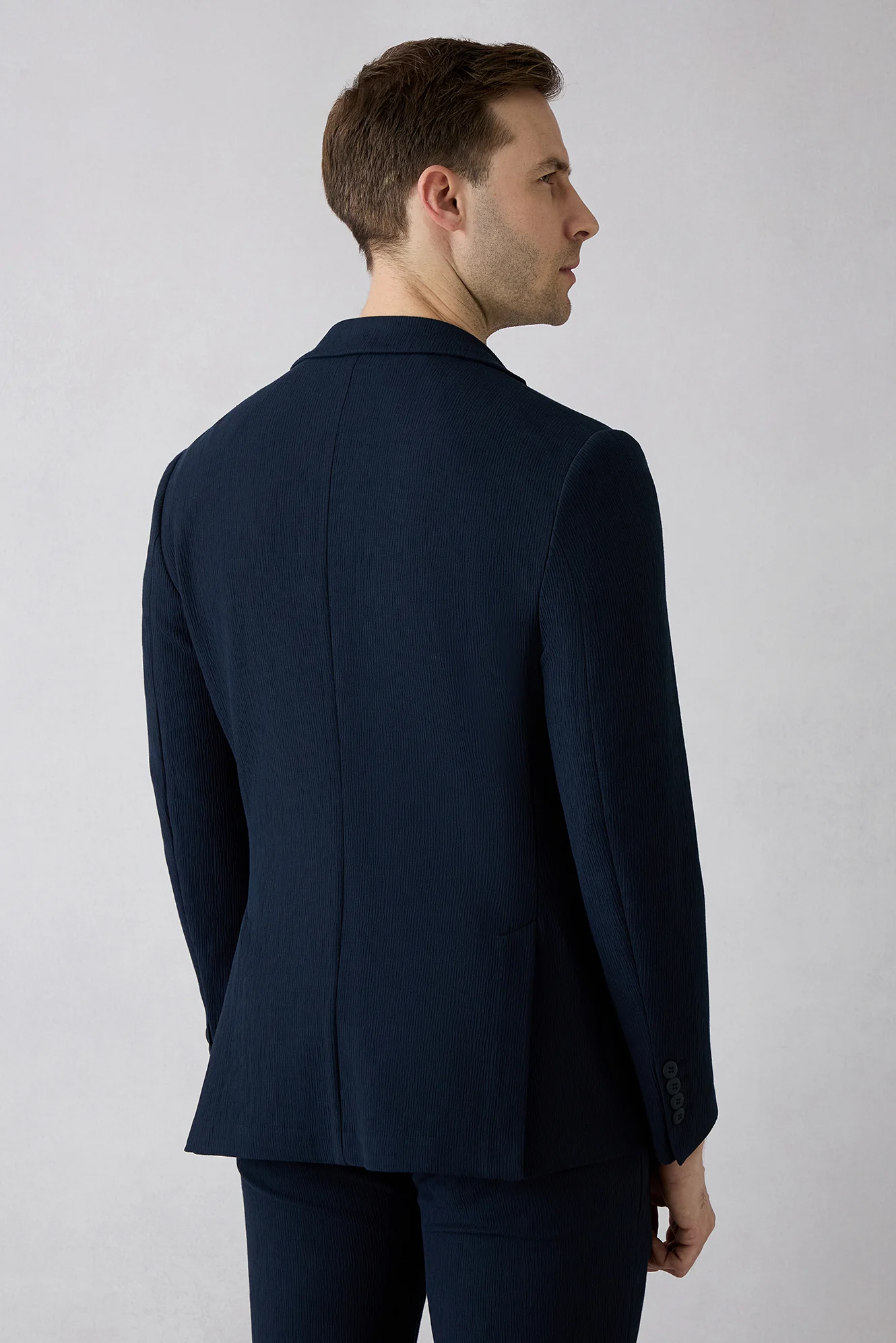 Koyu Lacivert Techno-Line 7 Drop Slim Fit Dar Kesim Mono Yaka Keten Karışımlı Çizgili Çantalı Esnek Ceket - Image 5