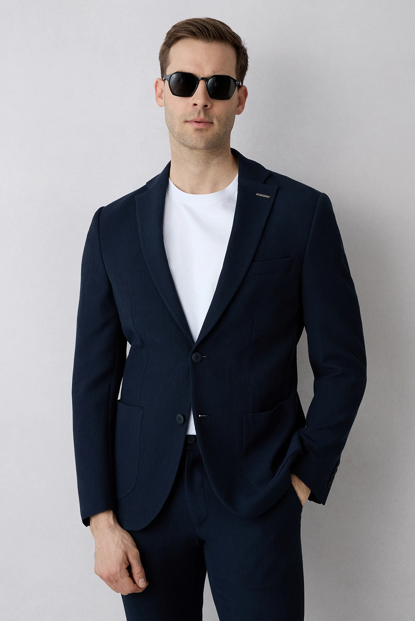 Koyu Lacivert Techno-Line 7 Drop Slim Fit Dar Kesim Mono Yaka Keten Karışımlı Çizgili Çantalı Esnek Ceket - Image 8