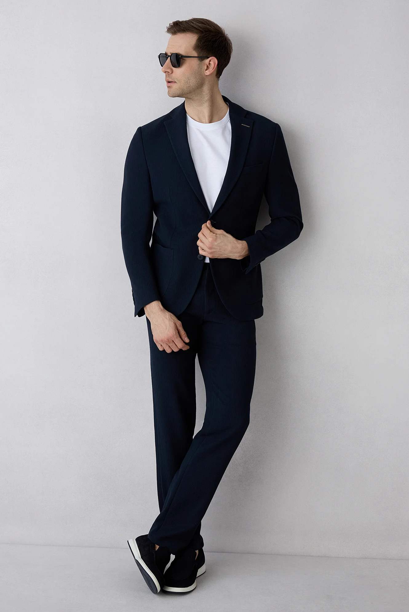 Koyu Lacivert Techno-Line 7 Drop Slim Fit Dar Kesim Mono Yaka Keten Karışımlı Çizgili Çantalı Esnek Ceket - Image 9