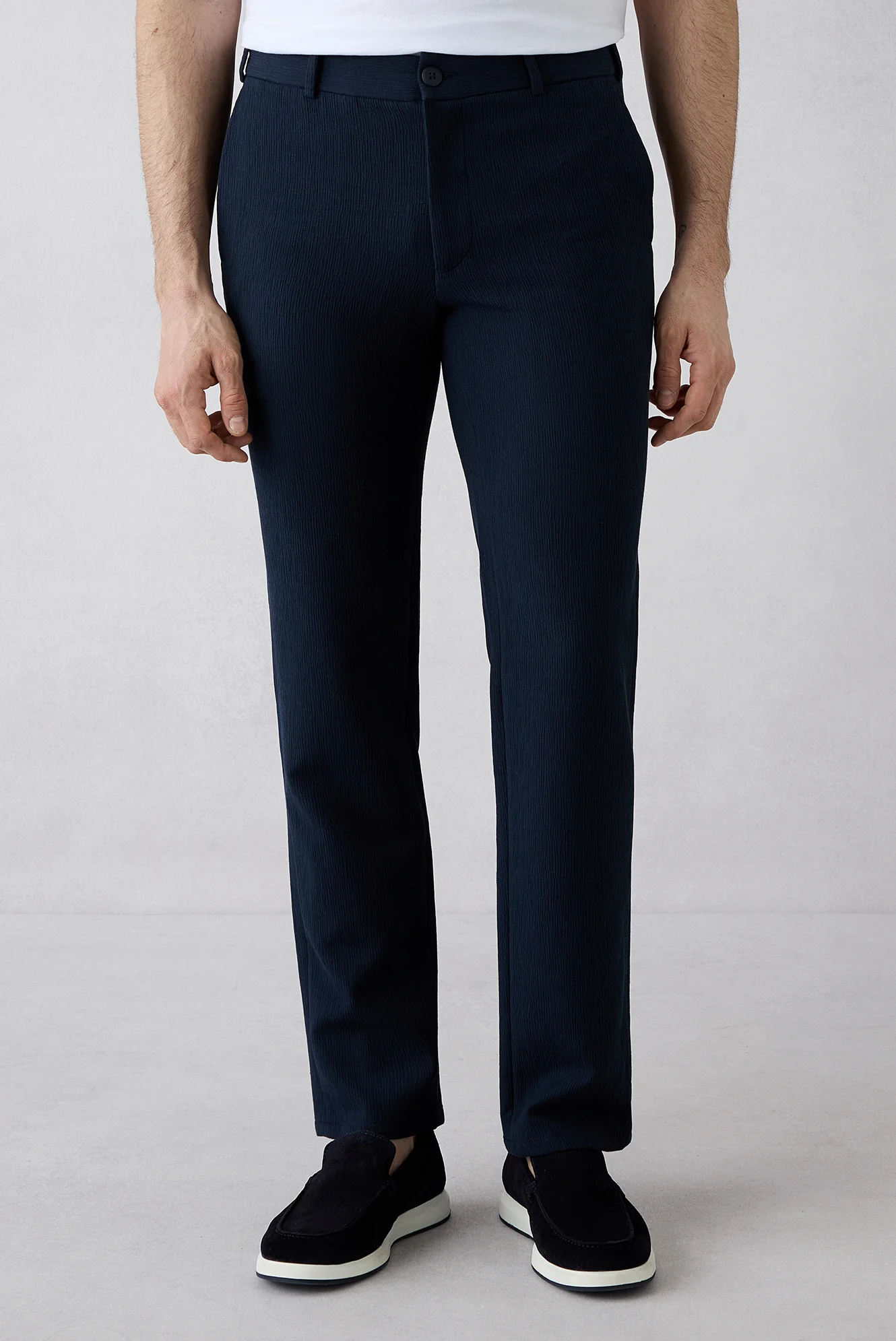 Koyu Lacivert Techno-Line 7 Drop Slim Fit Dar Kesim Çizgili Keten Karışımlı Esnek Klasik Kumaş Pantolon - Image 2