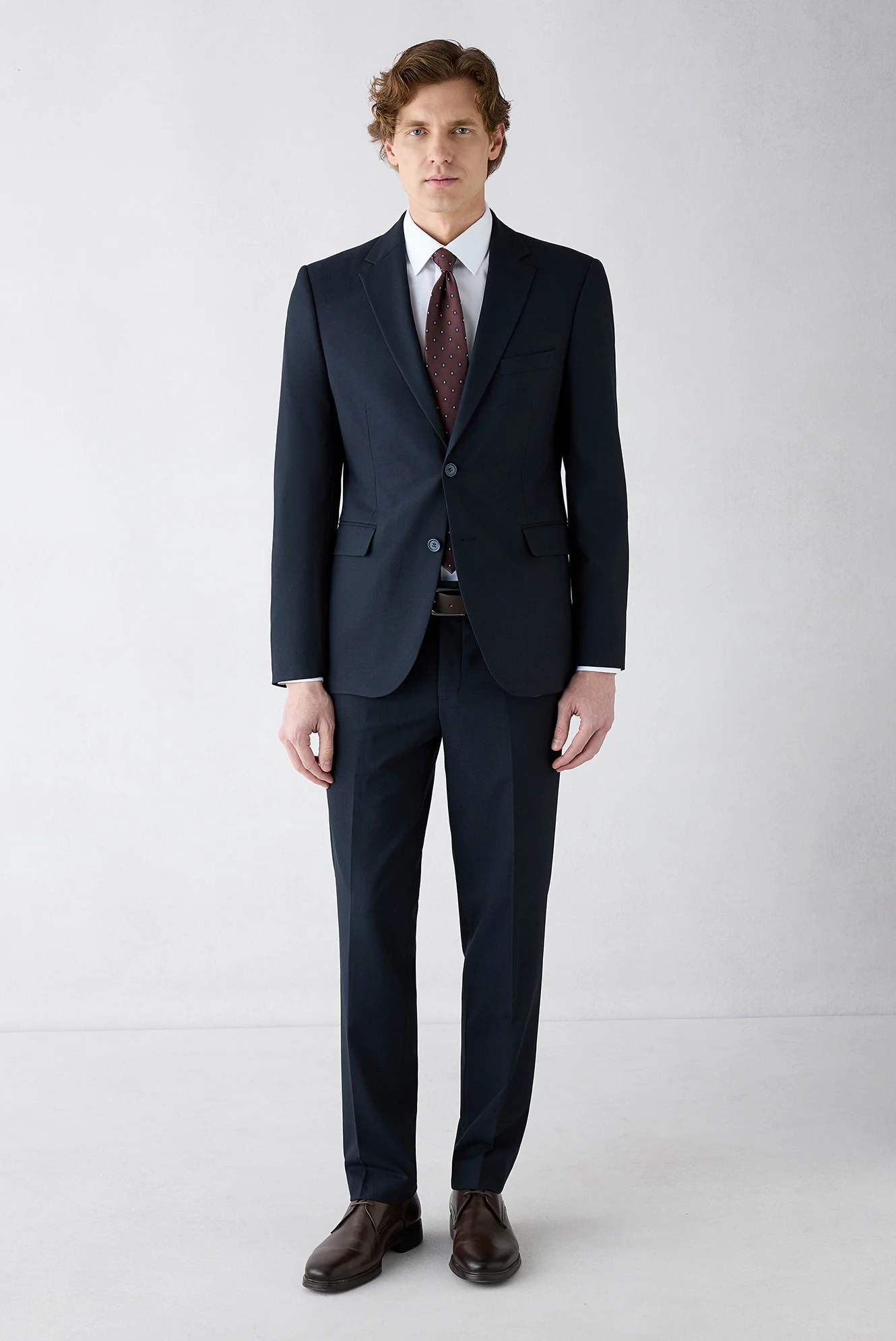 Koyu Lacivert 7 Drop Slim Fit Dar Kesim Mono Yaka Yünlü Takım Elbise