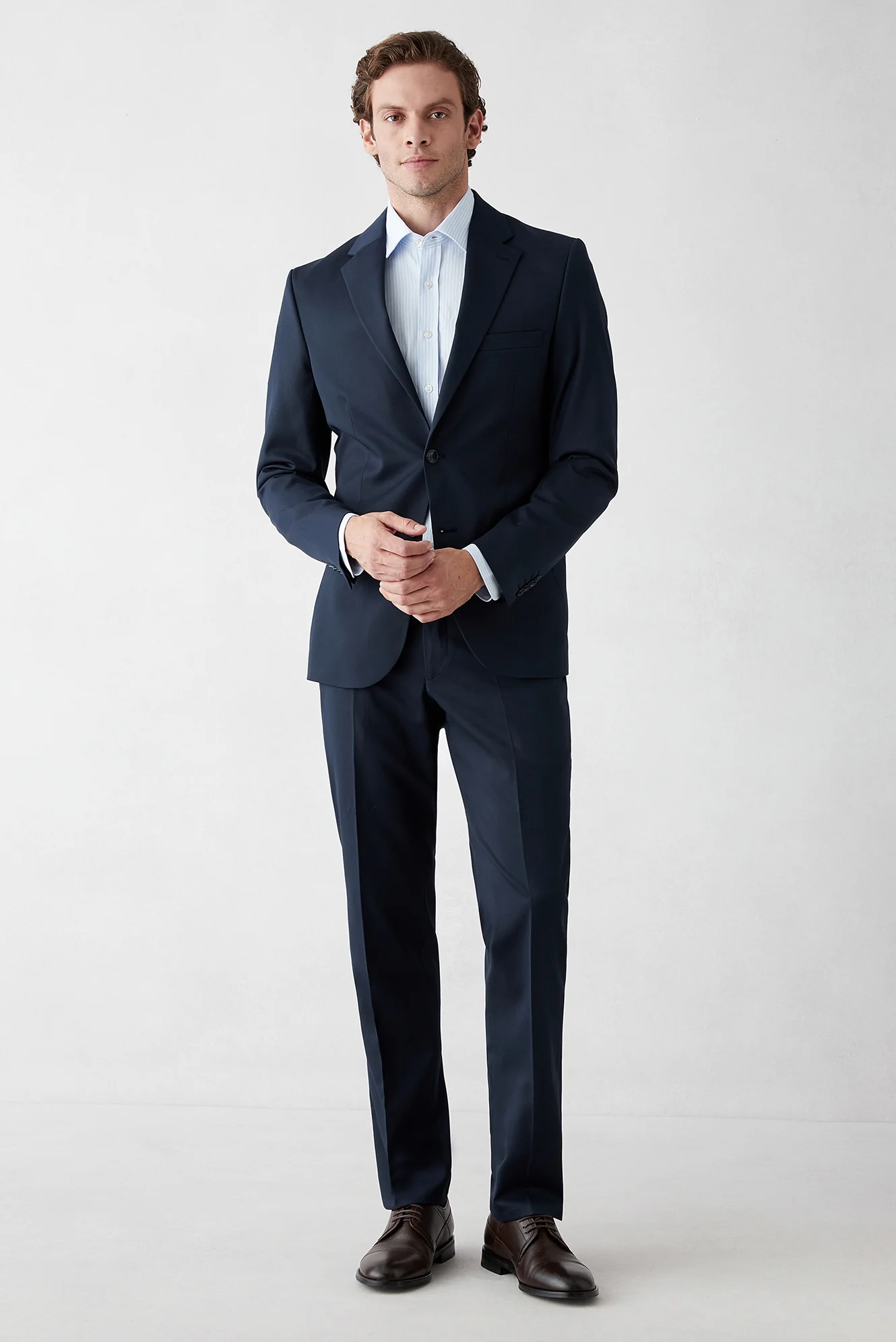 Koyu Lacivert 7 Drop Slim Fit Dar Kesim Mono Yaka Likralı Düz Takım Elbise