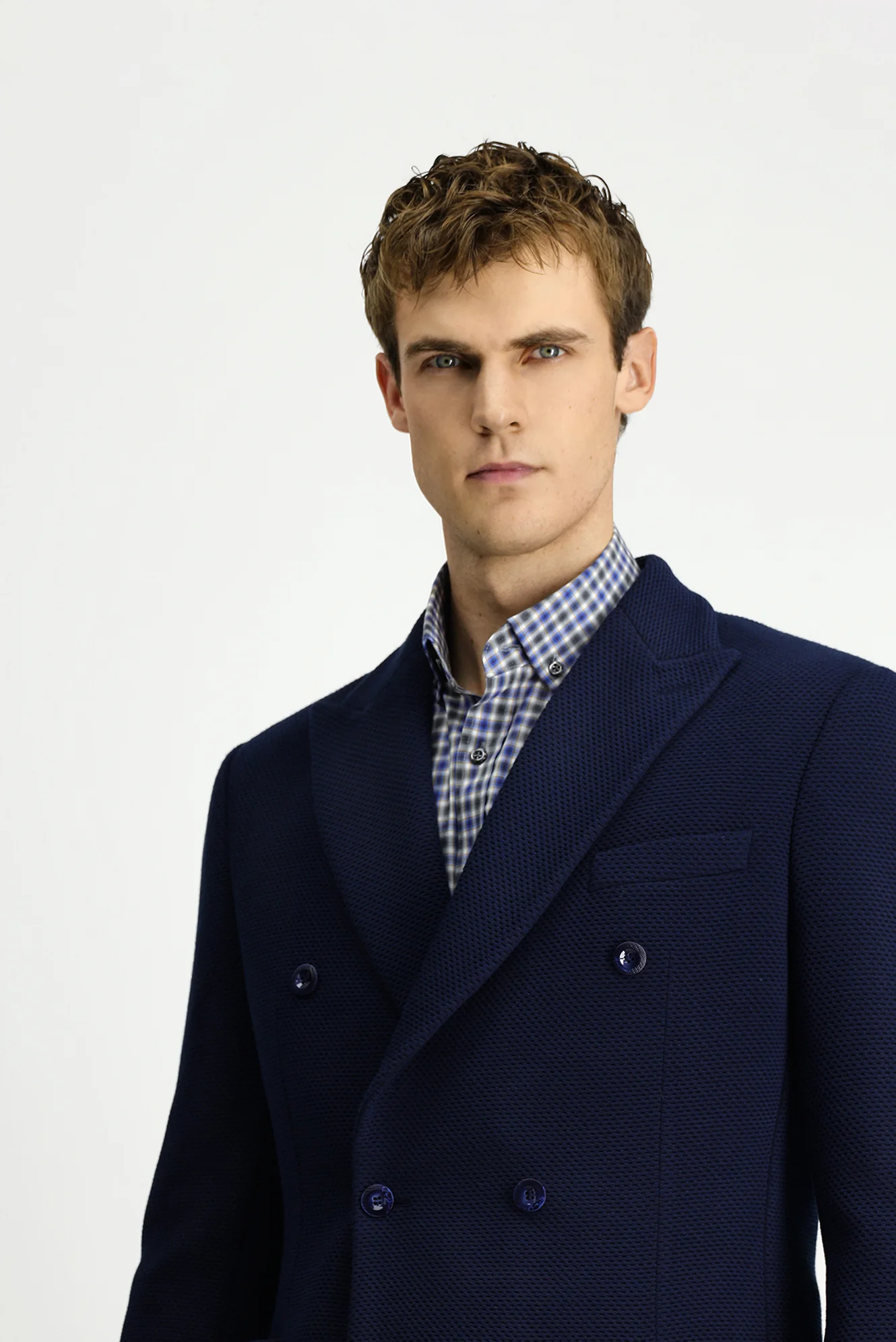 Koyu Lacivert 6 Drop Regular Fit Standart Kesim Sivri Yaka Torba Cep Astarsız Likralı Desenli Örme Kruvaze Ceket - Image 4
