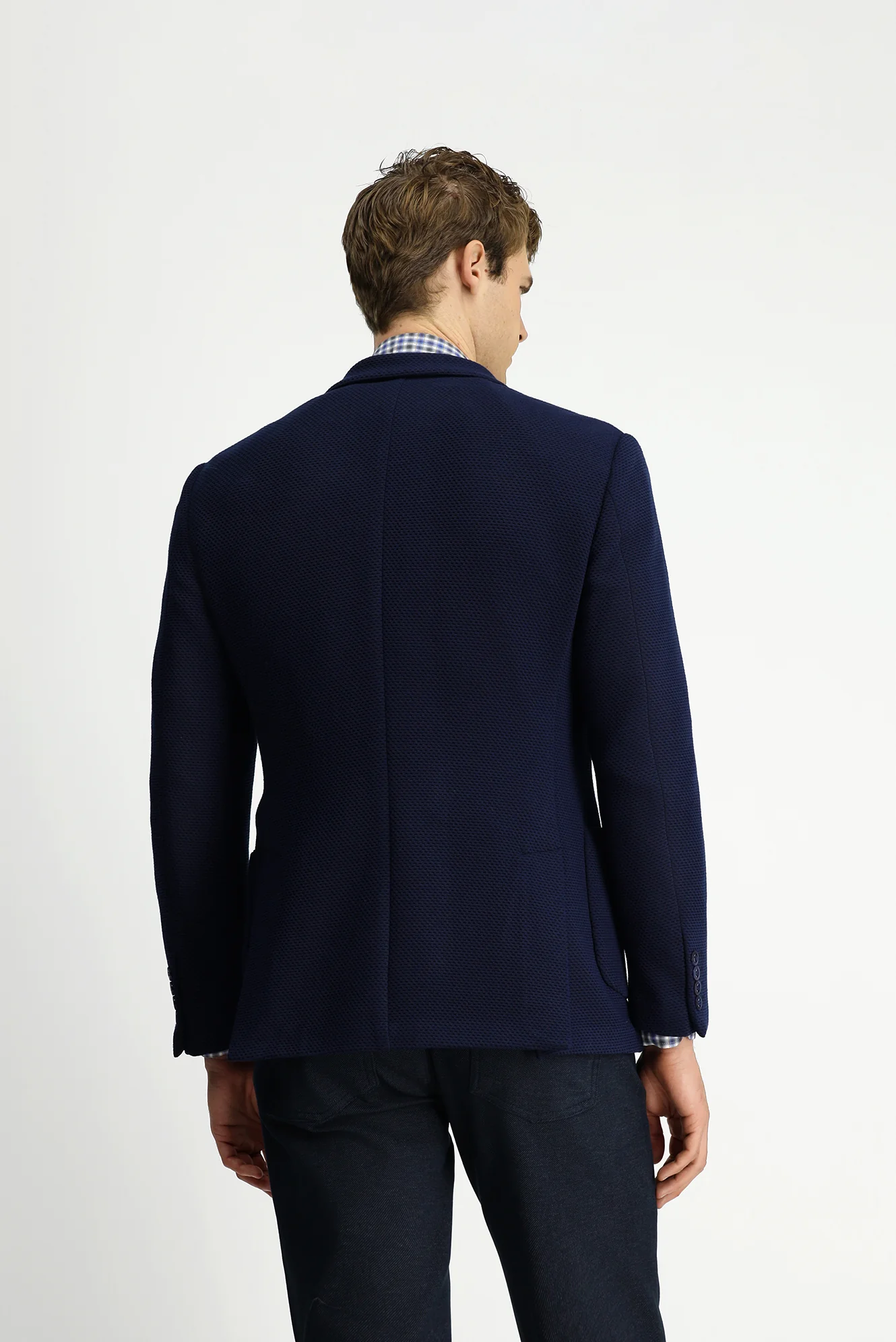 Koyu Lacivert 6 Drop Regular Fit Standart Kesim Sivri Yaka Torba Cep Astarsız Likralı Desenli Örme Kruvaze Ceket - Image 5