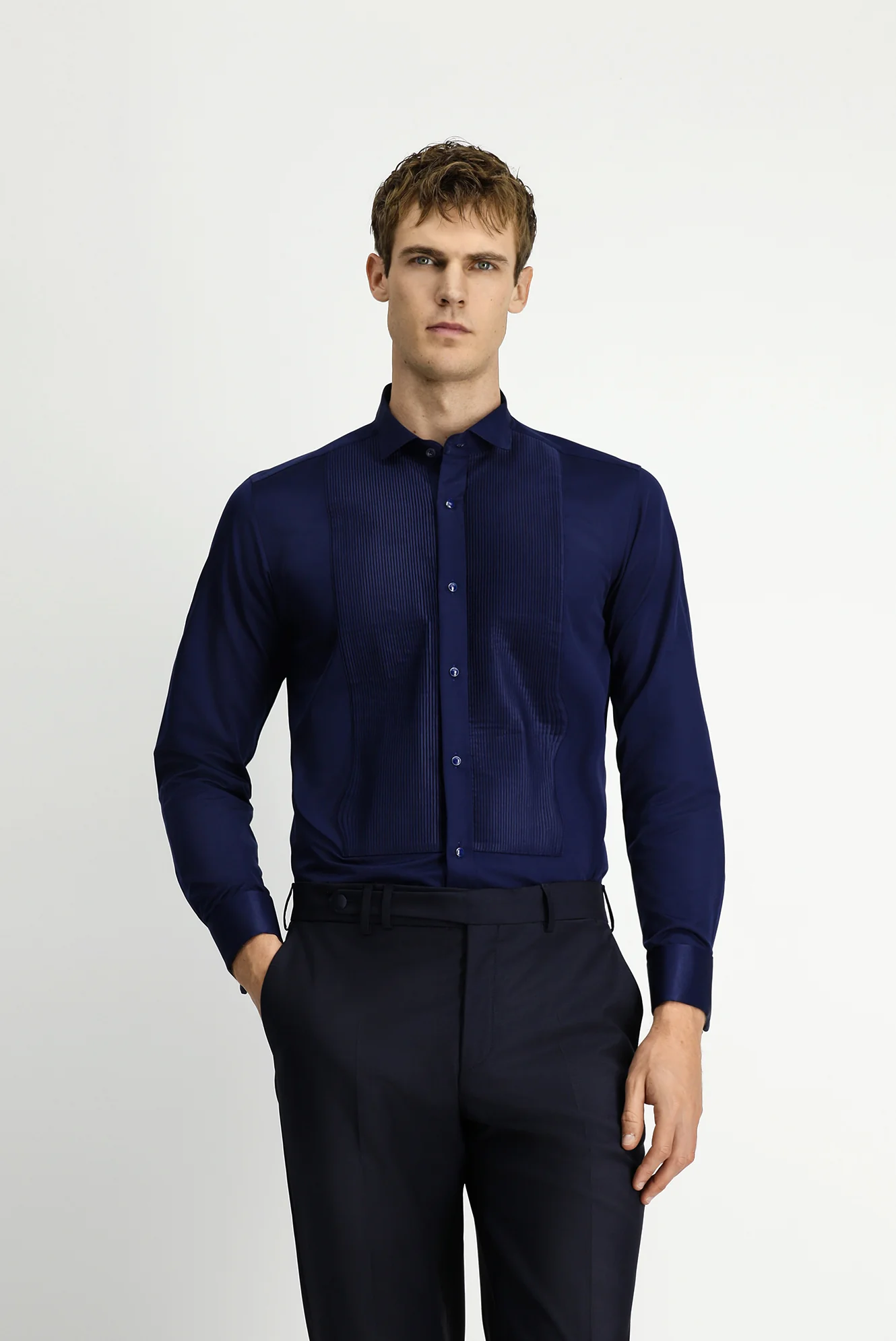 Koyu Lacivert Ata Yaka Saten Slim Fit Dar Kesim Piliseli Pamuklu Kolay Ütülenebilir Gömlek