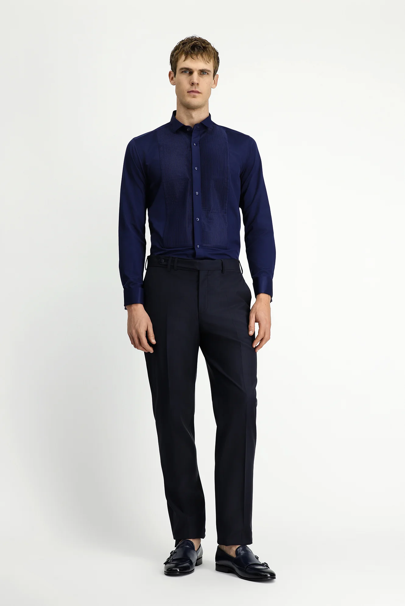 Koyu Lacivert Ata Yaka Saten Slim Fit Dar Kesim Piliseli Pamuklu Kolay Ütülenebilir Gömlek - Image 2