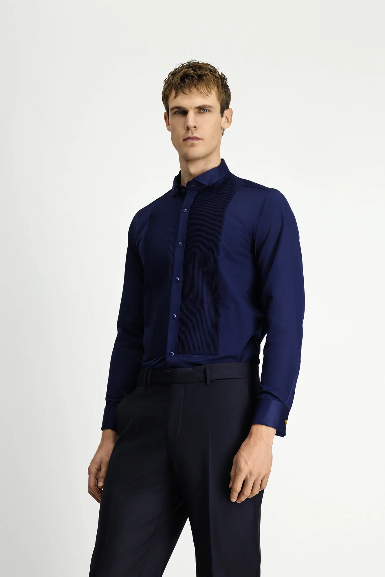 Koyu Lacivert Ata Yaka Saten Slim Fit Dar Kesim Piliseli Pamuklu Kolay Ütülenebilir Gömlek - Image 3