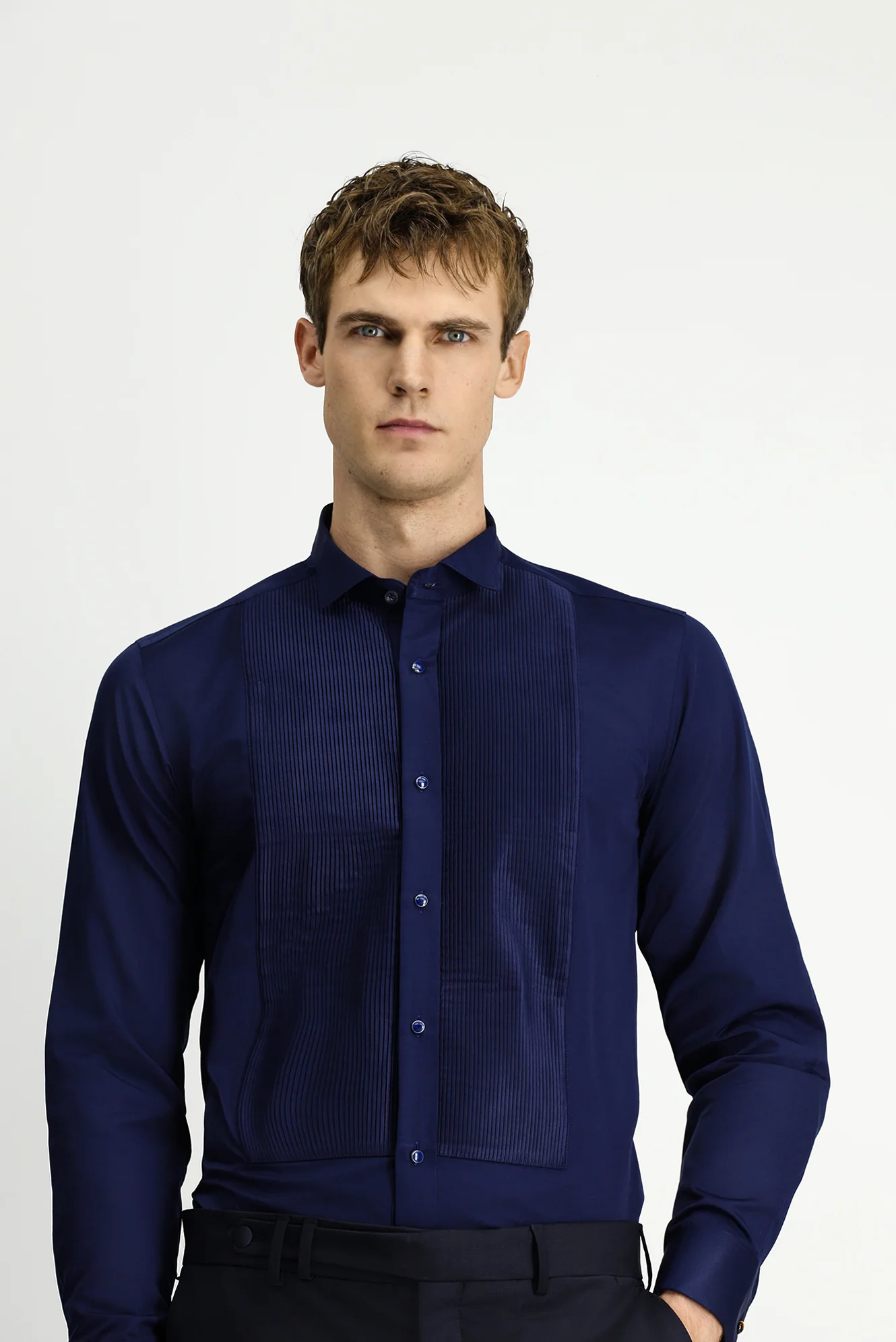 Koyu Lacivert Ata Yaka Saten Slim Fit Dar Kesim Piliseli Pamuklu Kolay Ütülenebilir Gömlek - Image 4