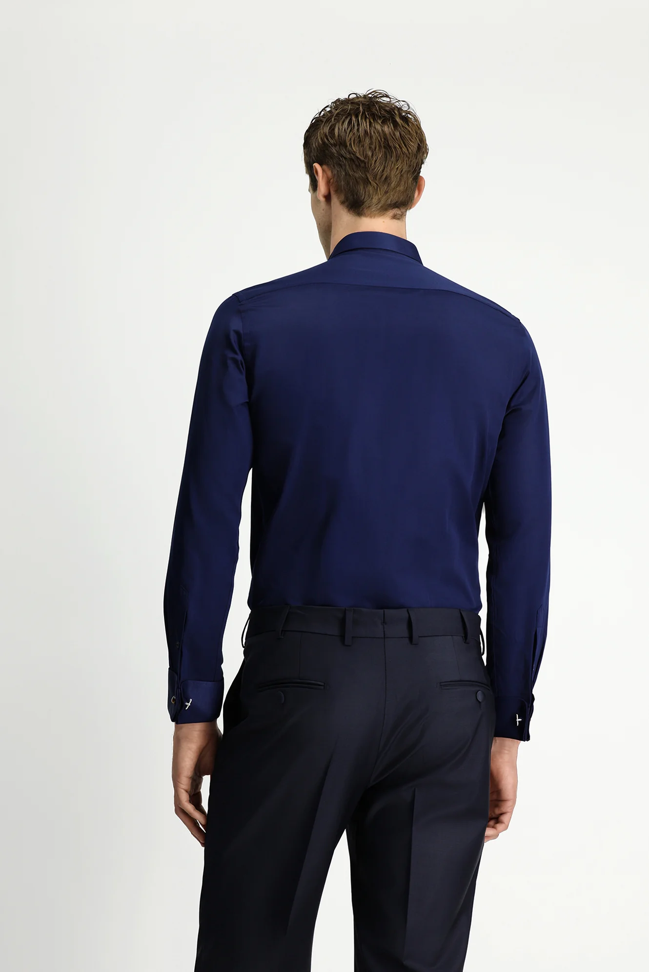 Koyu Lacivert Ata Yaka Saten Slim Fit Dar Kesim Piliseli Pamuklu Kolay Ütülenebilir Gömlek - Image 5