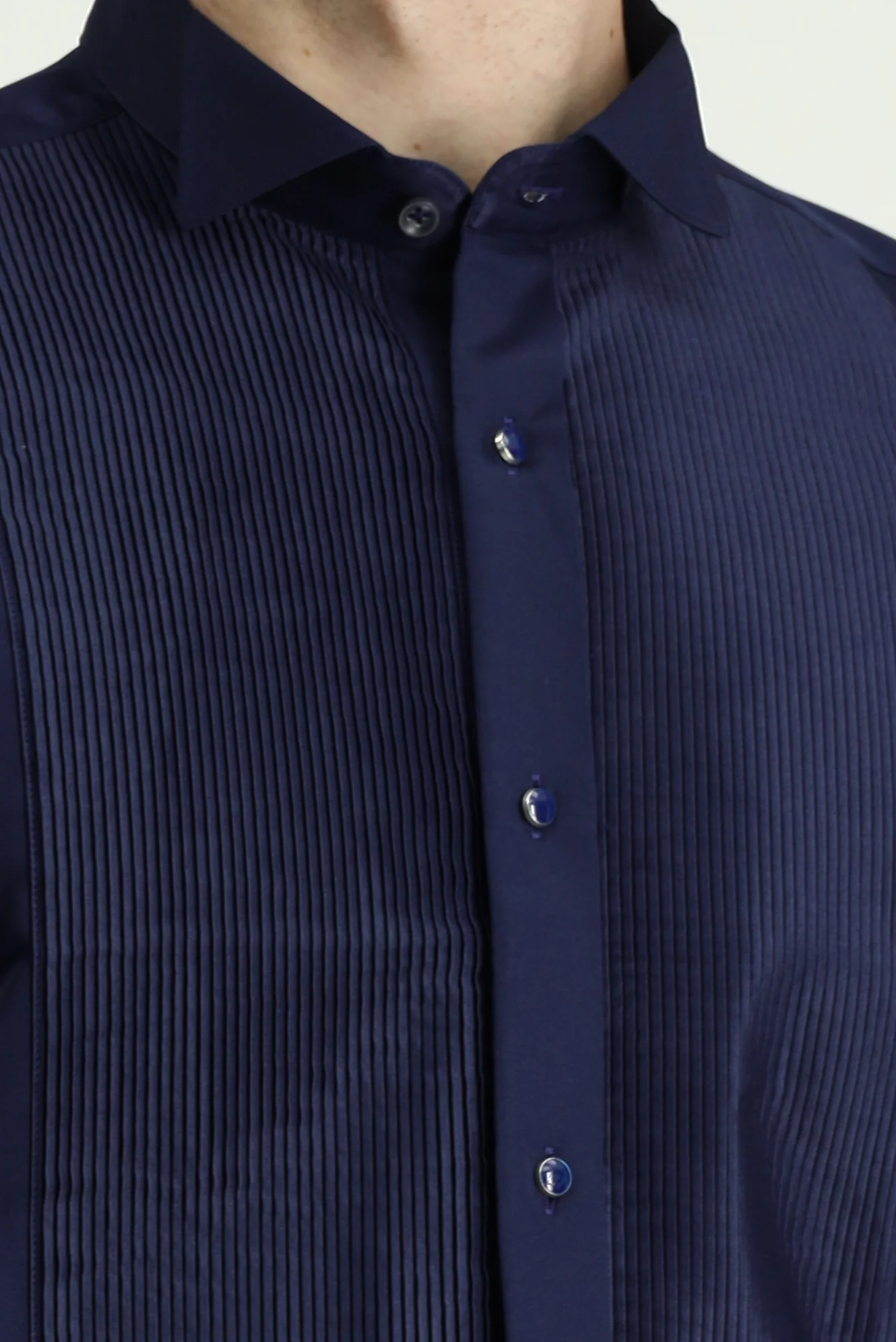 Koyu Lacivert Ata Yaka Saten Slim Fit Dar Kesim Piliseli Pamuklu Kolay Ütülenebilir Gömlek - Image 6