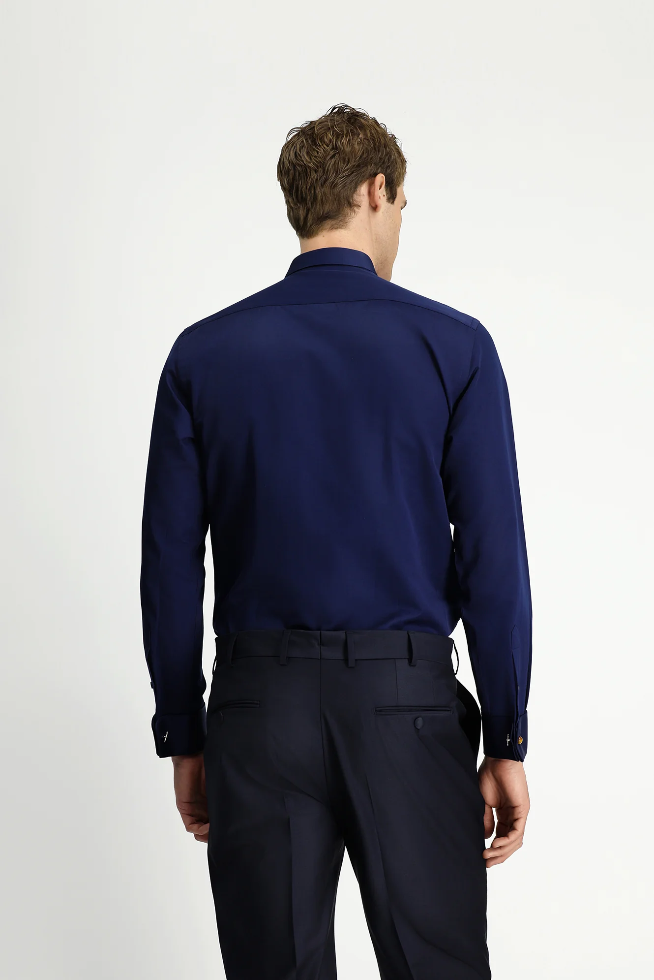 Koyu Lacivert Ata Yaka Slim Fit Dar Kesim Taşlı Pamuklu Kolay Ütülenebilir Gömlek - Image 4