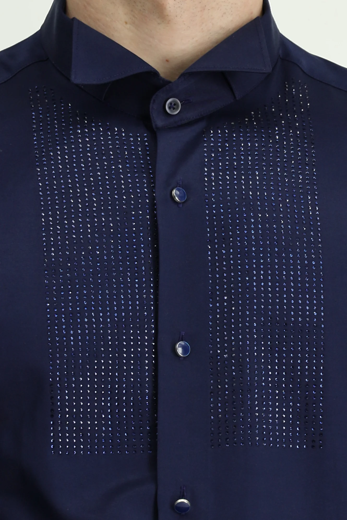 Koyu Lacivert Ata Yaka Slim Fit Dar Kesim Taşlı Pamuklu Kolay Ütülenebilir Gömlek - Image 5