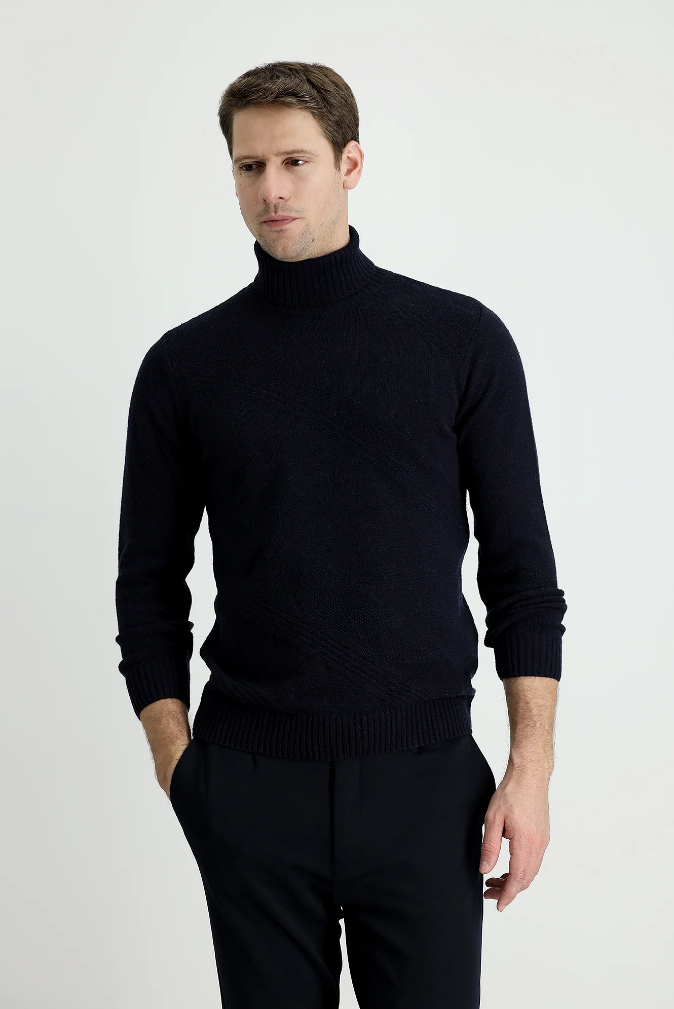 Koyu Lacivert Balıkçı Yaka Slim Fit Dar Kesim Desenli Yünlü Triko Kazak