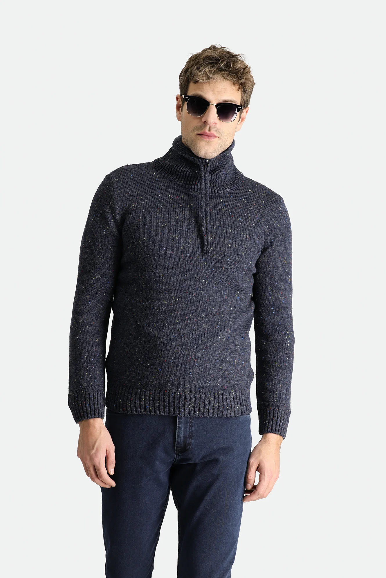 Koyu Lacivert Balıkçı Yaka Slim Fit Dar Kesim Desenli Yünlü Triko Kazak - Image 4