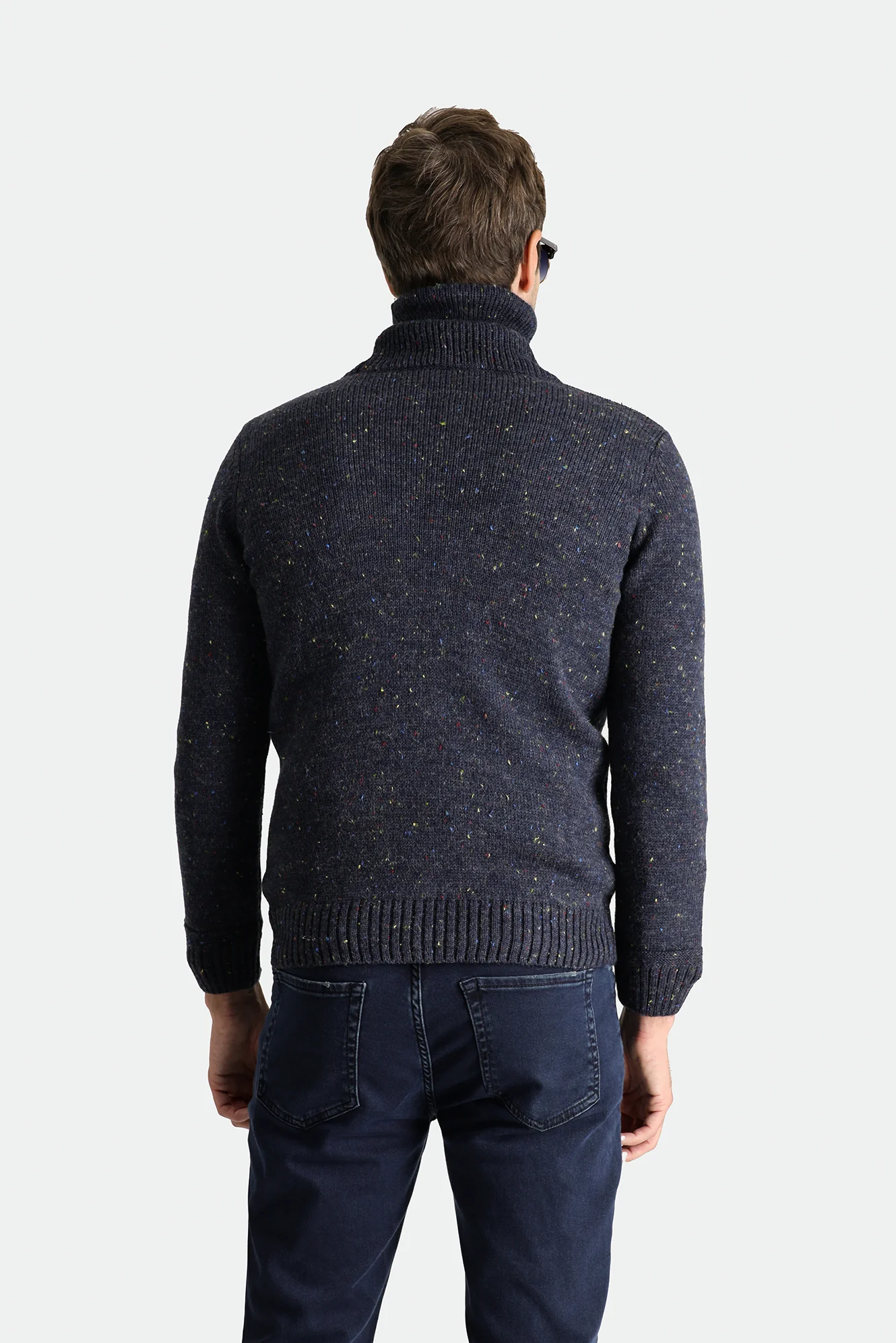 Koyu Lacivert Balıkçı Yaka Slim Fit Dar Kesim Desenli Yünlü Triko Kazak - Image 5
