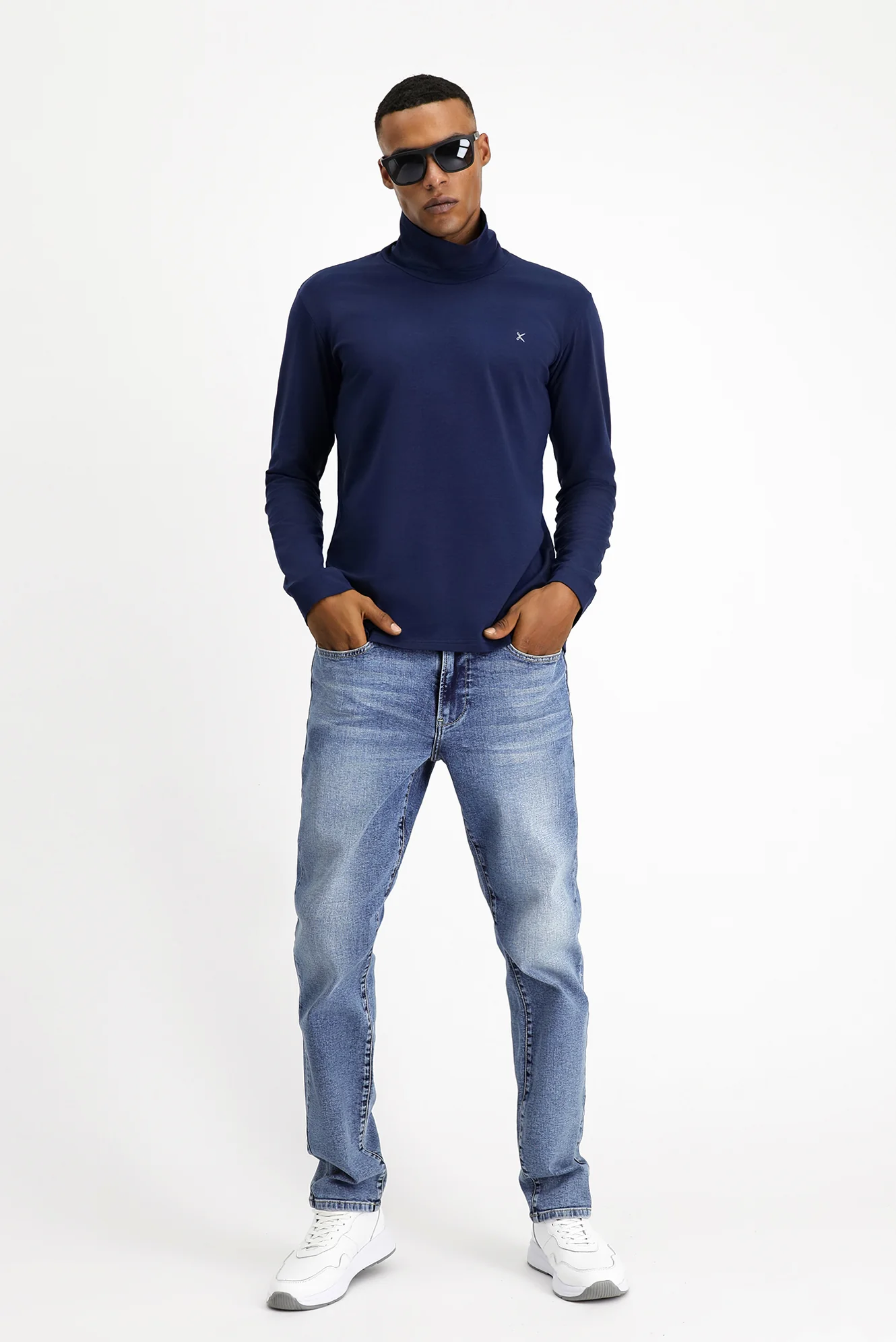 Koyu Lacivert Balıkçı Yaka Slim Fit Dar Kesim Pamuklu Sweatshirt