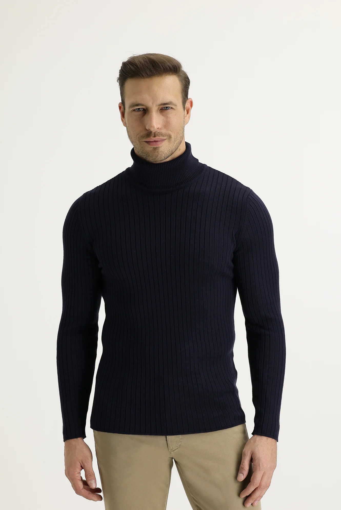 Koyu Lacivert Balıkçı Yaka Slim Fit Dar Kesim Triko Kazak - Image 2