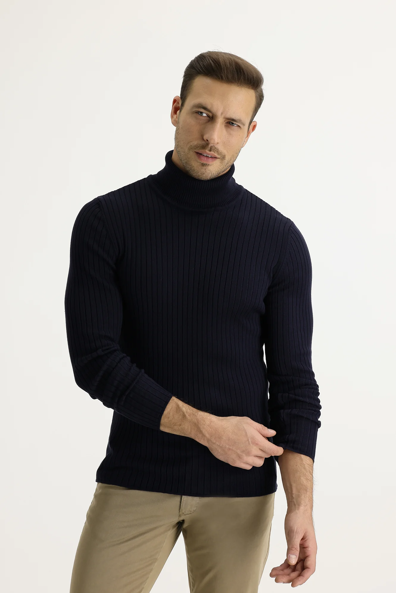 Koyu Lacivert Balıkçı Yaka Slim Fit Dar Kesim Triko Kazak - Image 3