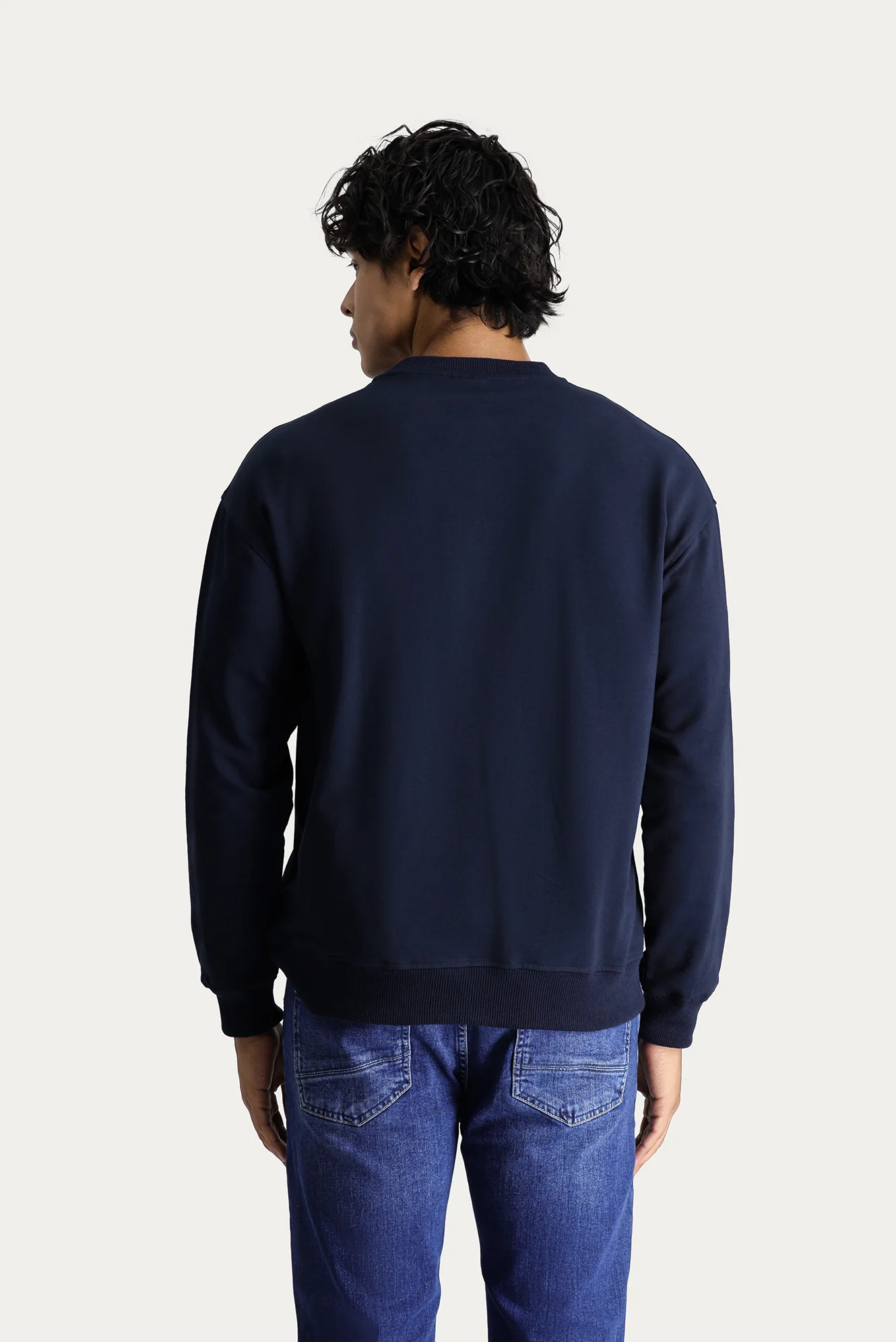 Koyu Lacivert Bisiklet Yaka Baskılı Oversize Pamuk Sweatshirt - Image 4