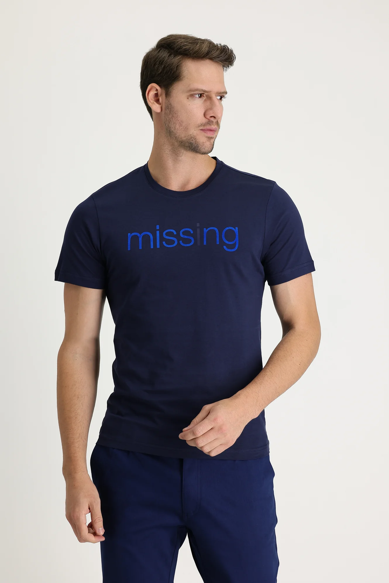 Koyu Lacivert Bisiklet Yaka Baskılı Slim Fit Dar Kesim Pamuk Tişört - Image 2