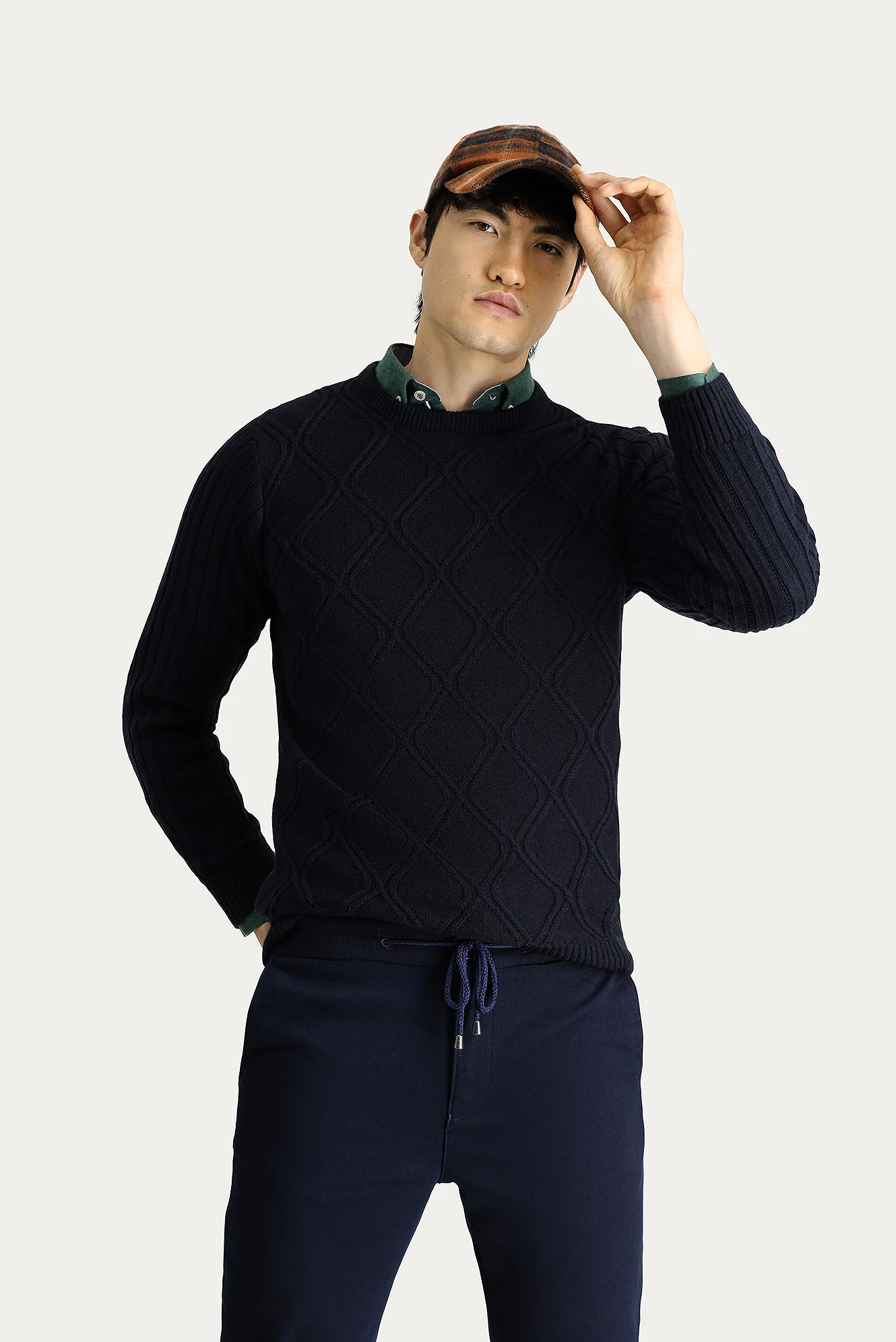 Koyu Lacivert Bisiklet Yaka Regular Fit Desenli Triko Kazak - Image 2