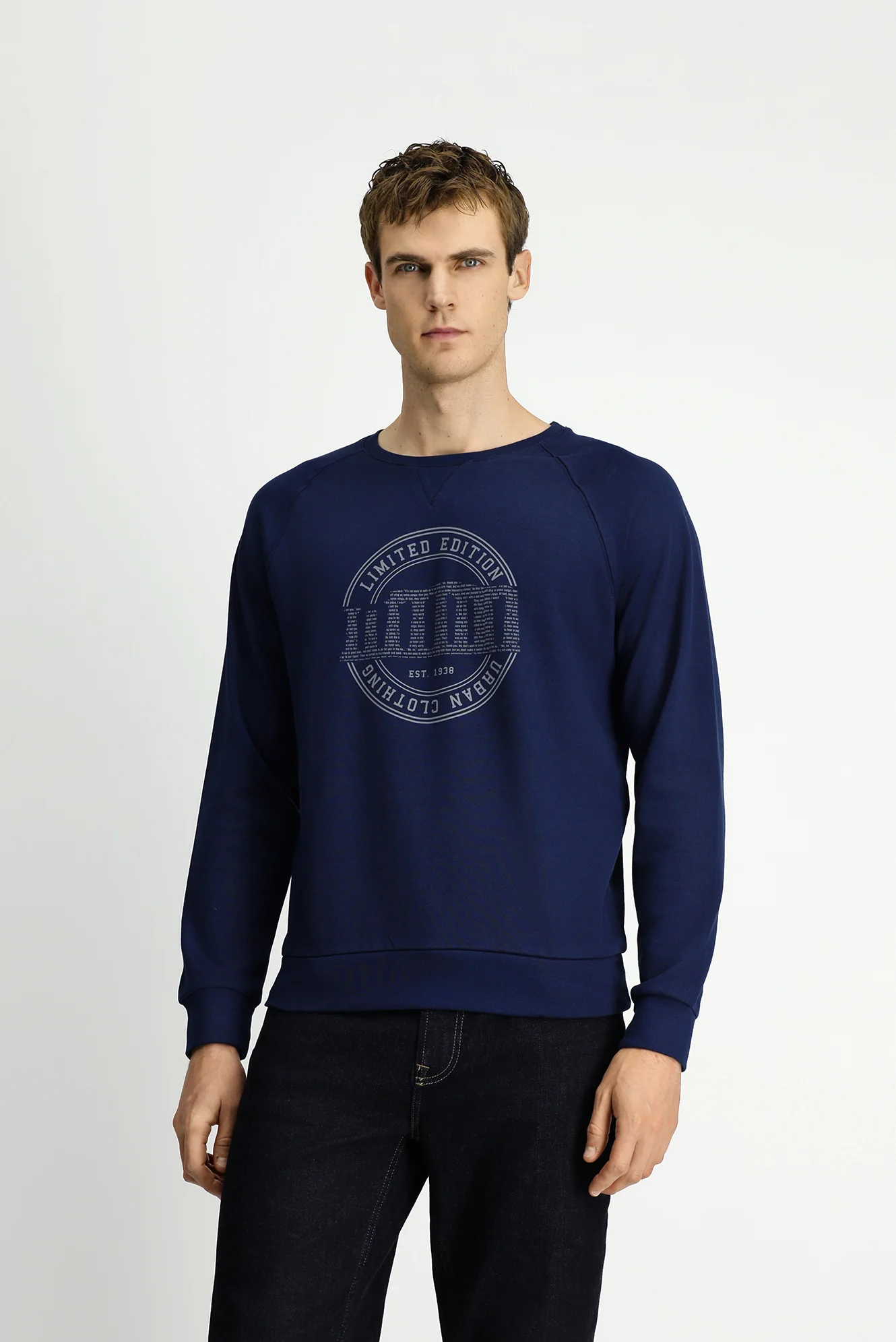 Koyu Lacivert Bisiklet Yaka Regular Fit Baskılı Pamuk Sweatshirt