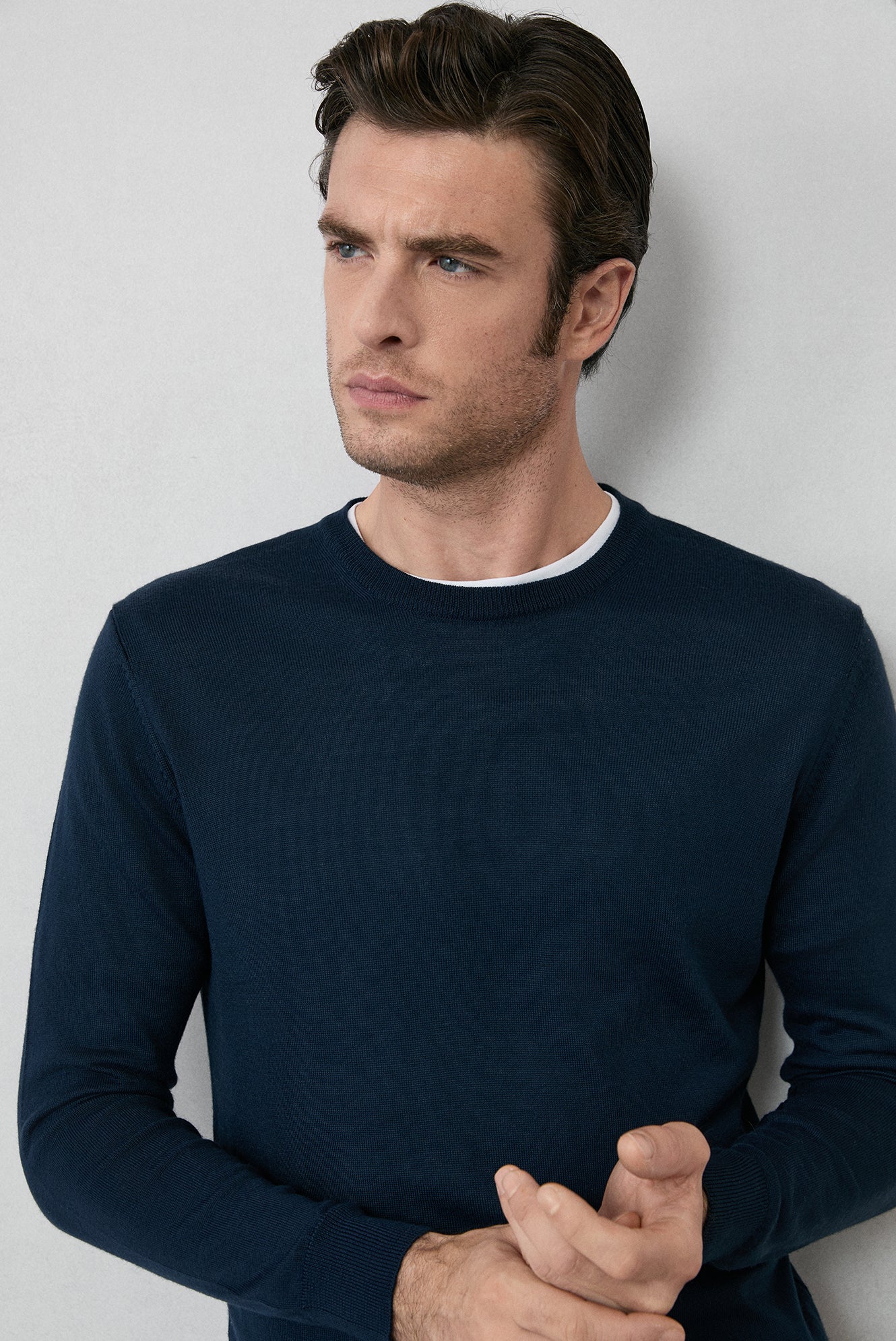 Koyu Lacivert Bisiklet Yaka Regular Fit Yünlü Örme Triko Kazak