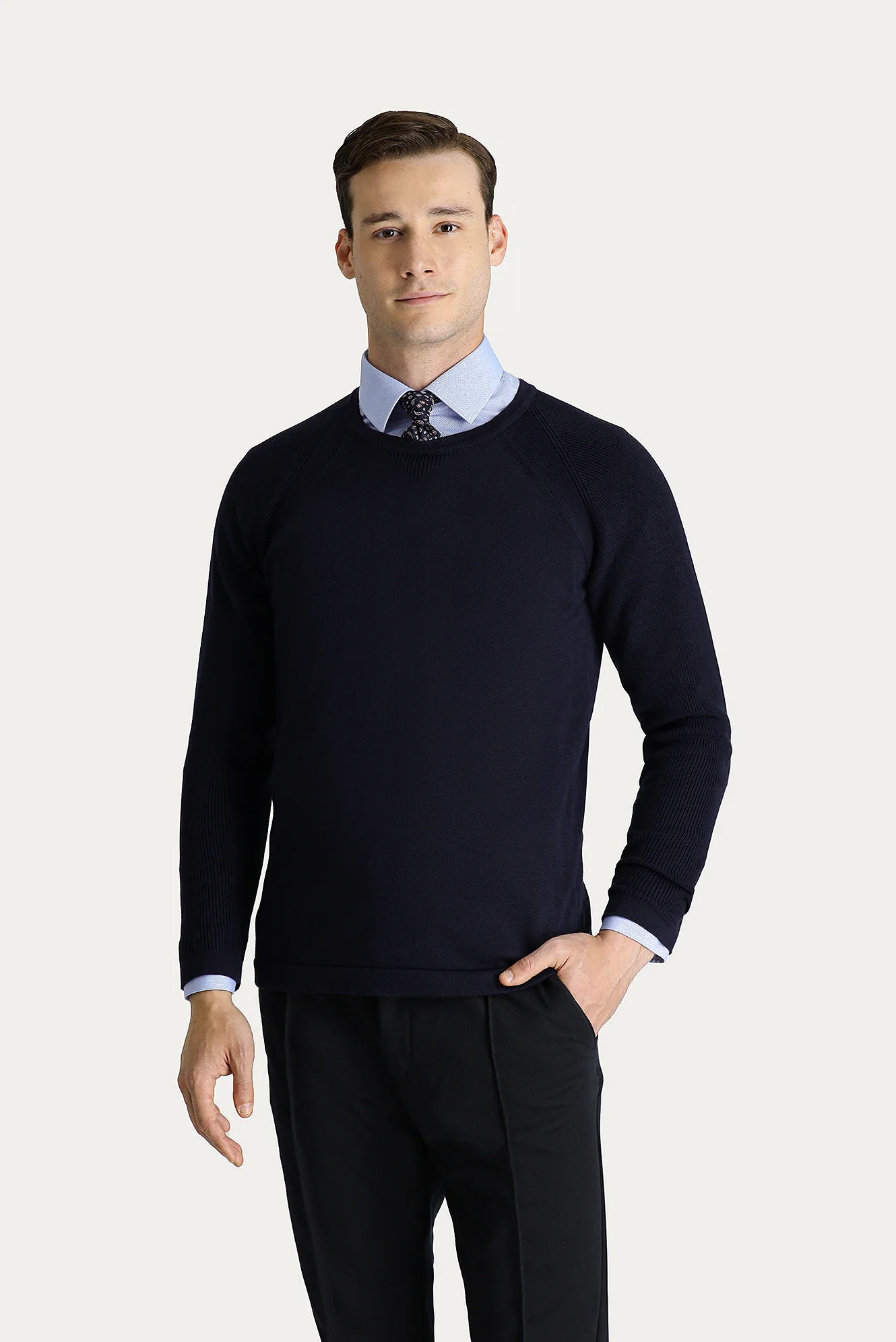 Koyu Lacivert Bisiklet Yaka Slim Fit Desenli Pamuklu Triko Kazak