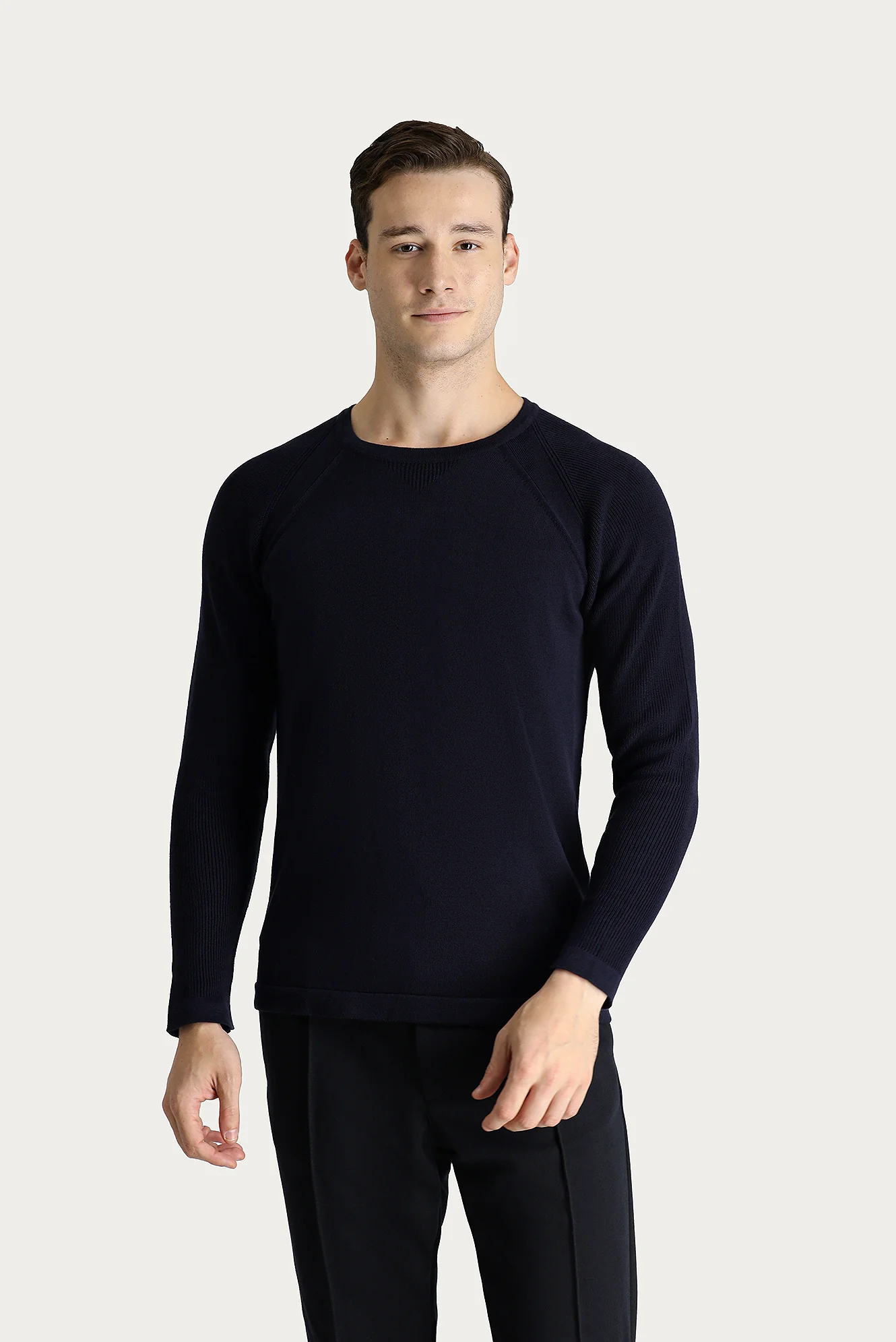Koyu Lacivert Bisiklet Yaka Slim Fit Desenli Pamuklu Triko Kazak - Image 3