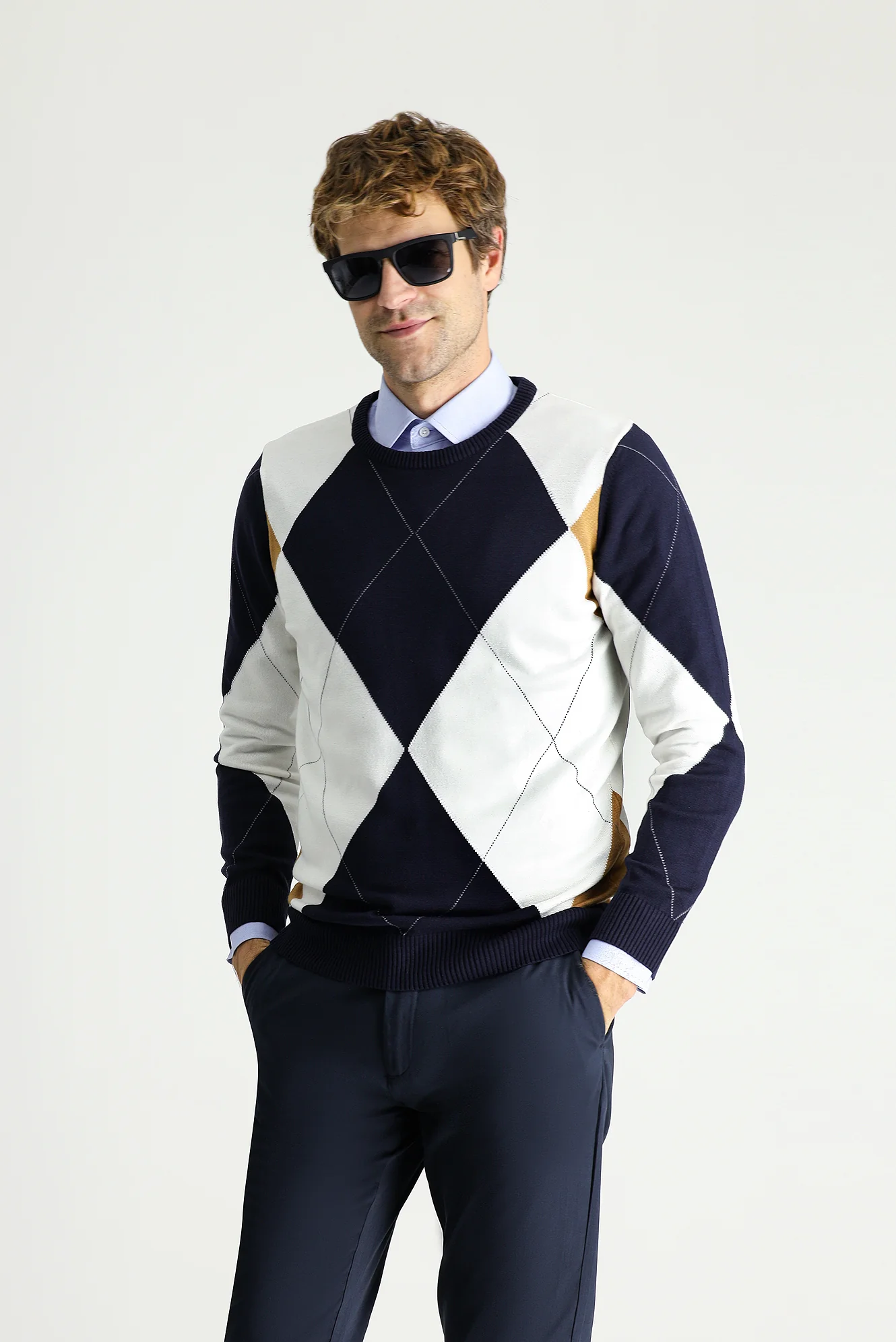 Koyu Lacivert Bisiklet Yaka Slim Fit Dar Kesim Desenli Pamuklu Triko Kazak - Image 2