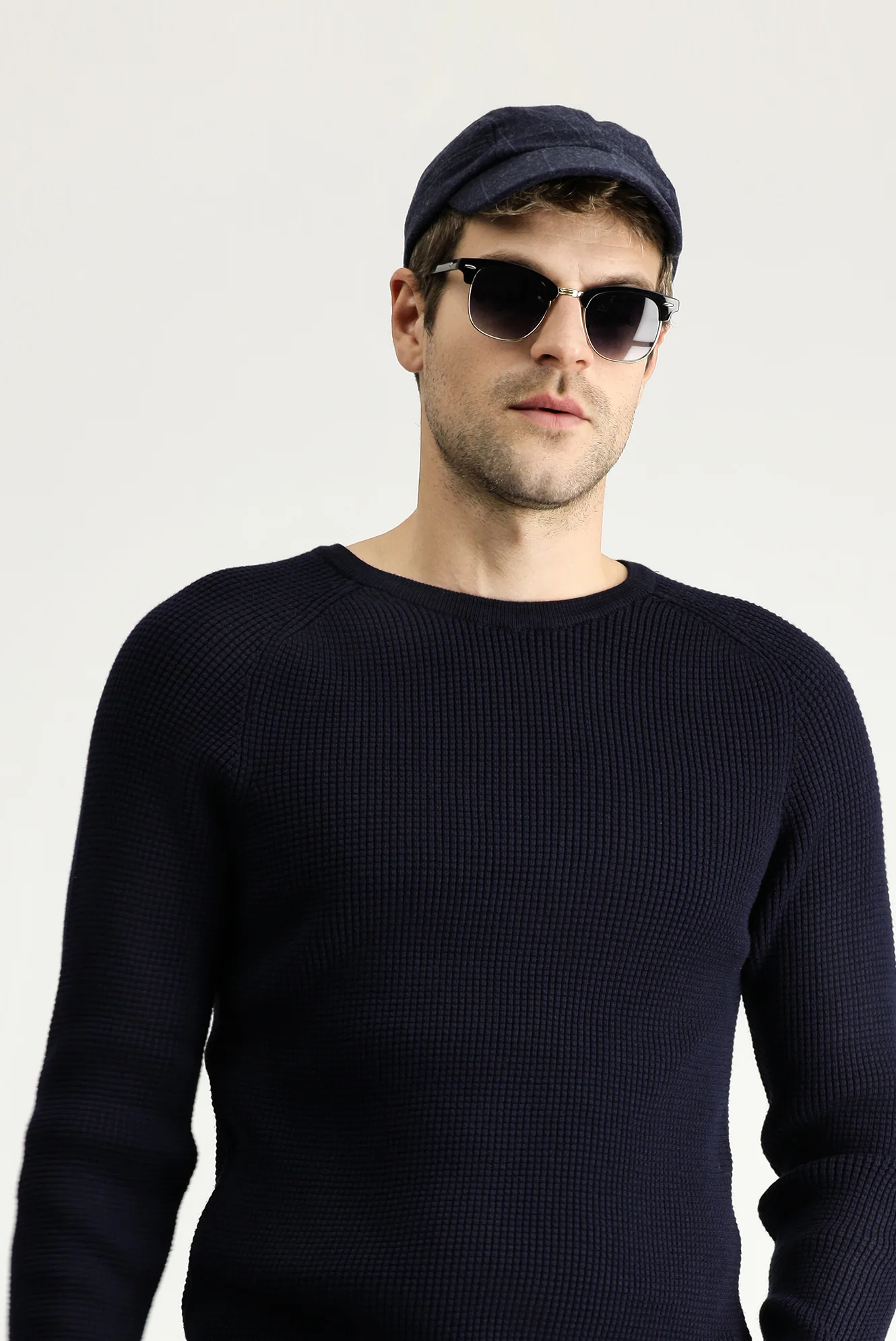 Koyu Lacivert Bisiklet Yaka Slim Fit Dar Kesim Desenli Pamuklu Triko Kazak - Image 2