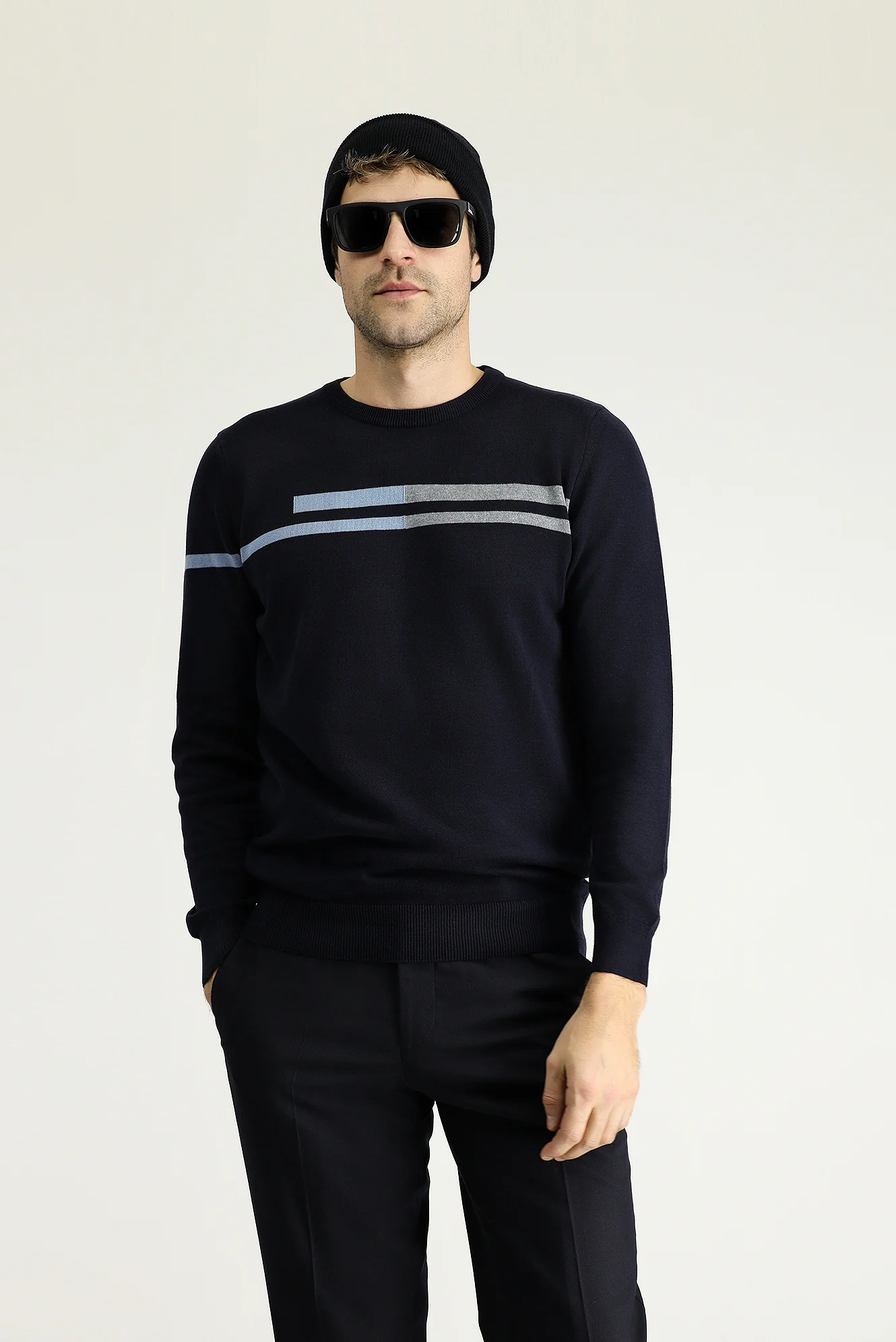 Koyu Lacivert Bisiklet Yaka Slim Fit Dar Kesim Desenli Pamuklu Triko Kazak