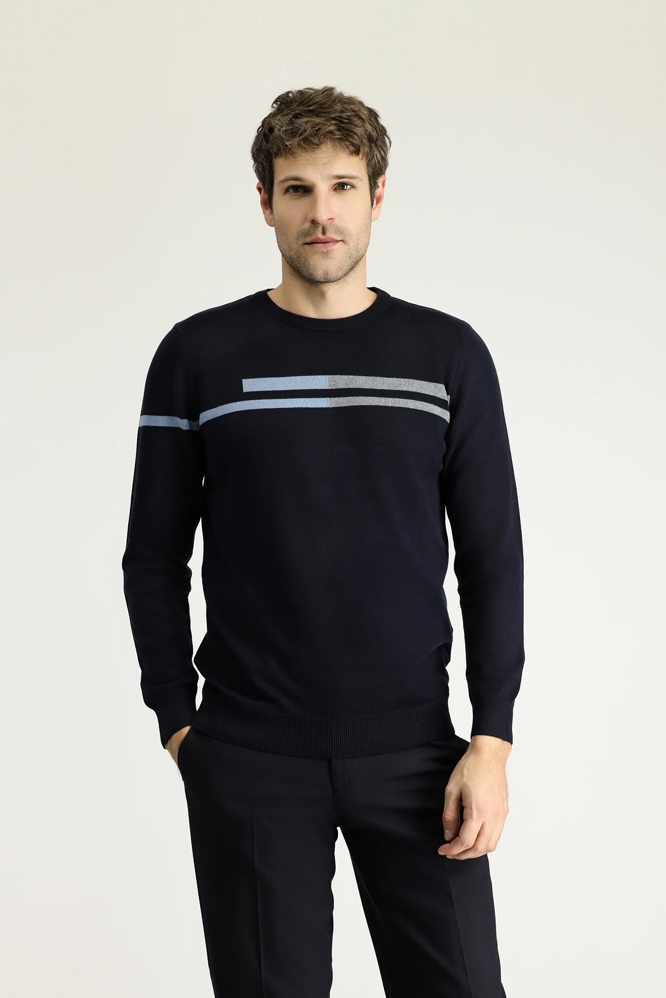 Koyu Lacivert Bisiklet Yaka Slim Fit Dar Kesim Desenli Pamuklu Triko Kazak - Image 3