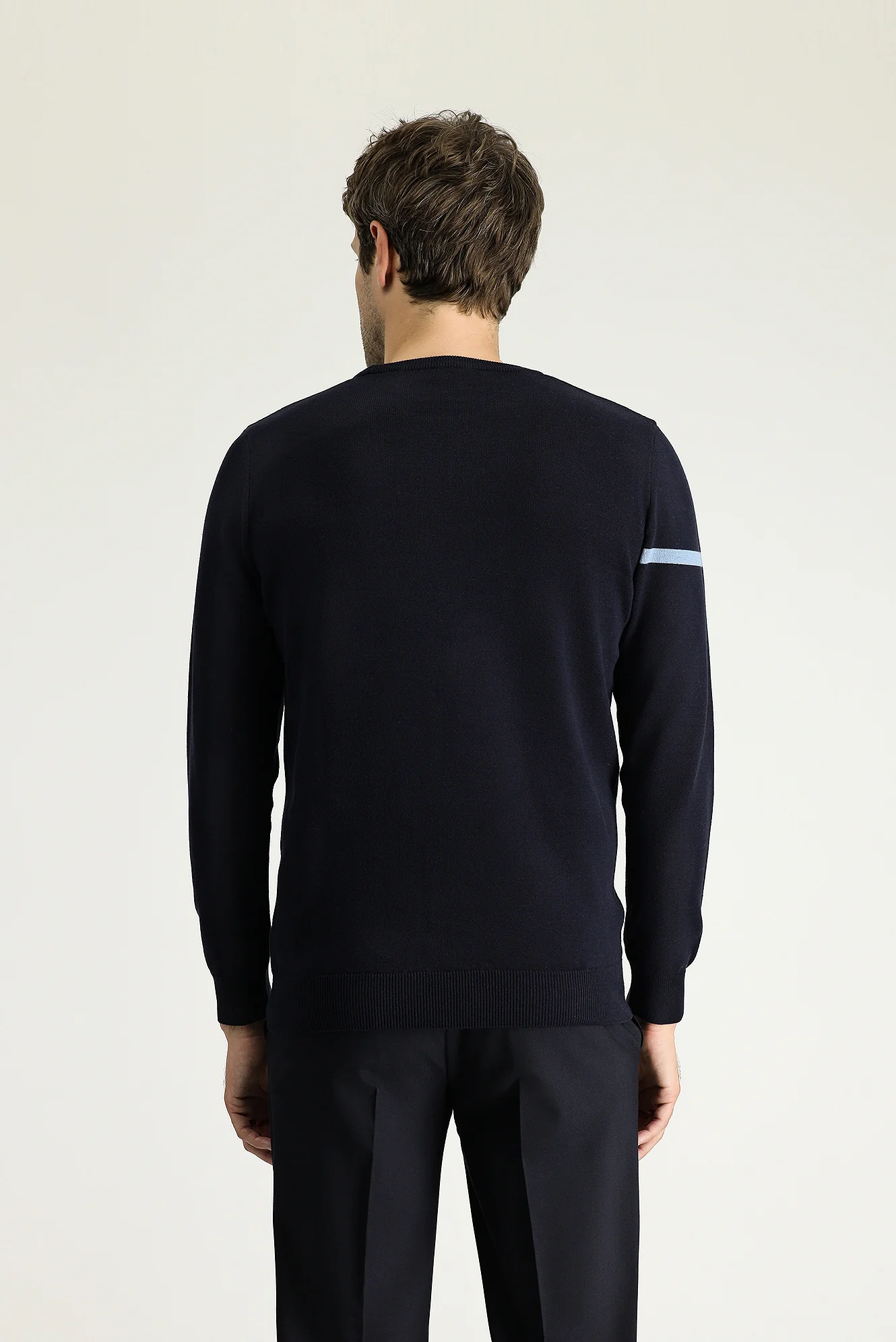 Koyu Lacivert Bisiklet Yaka Slim Fit Dar Kesim Desenli Pamuklu Triko Kazak - Image 4