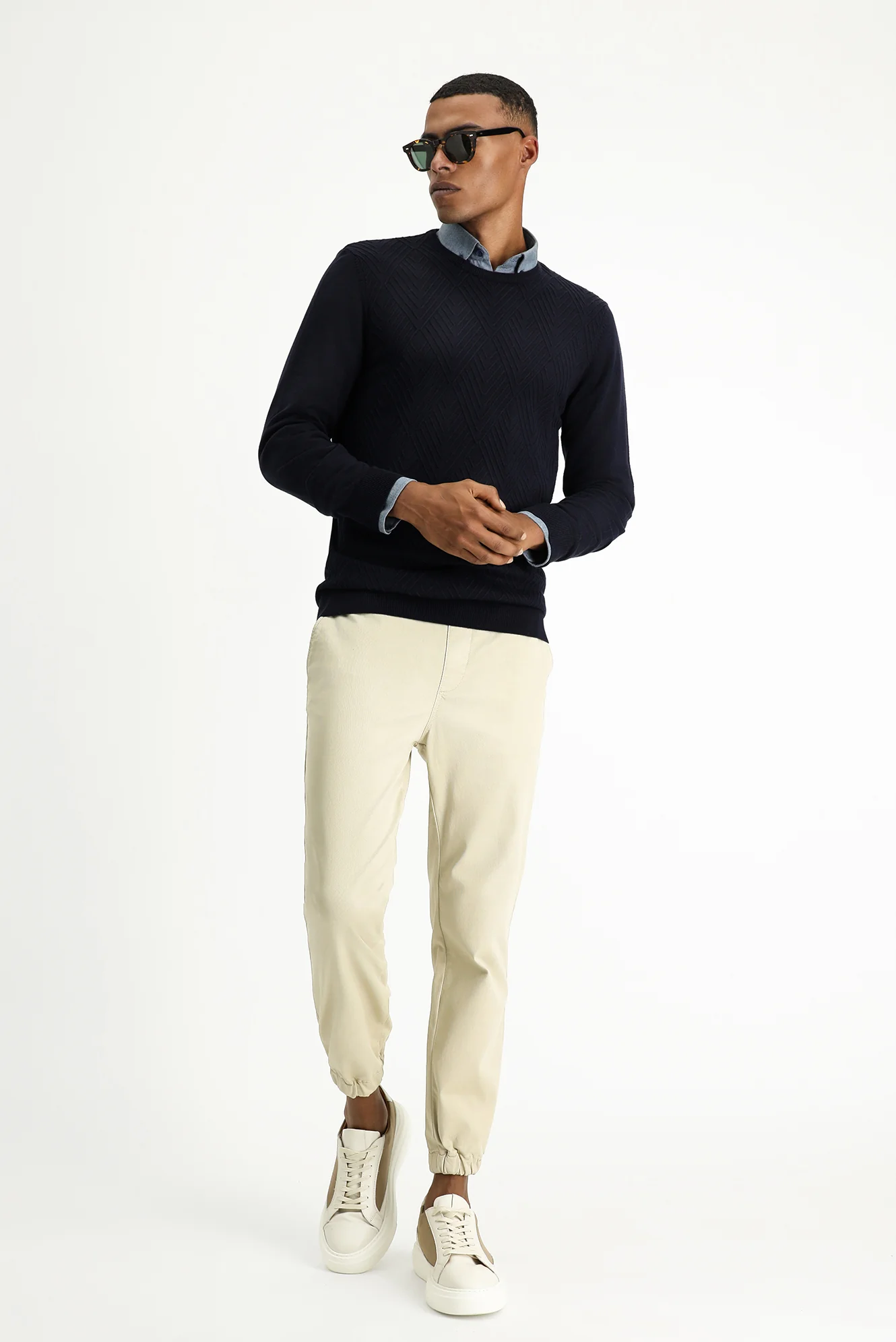 Koyu Lacivert Bisiklet Yaka Slim Fit Desenli Pamuklu Triko Kazak - Image 2
