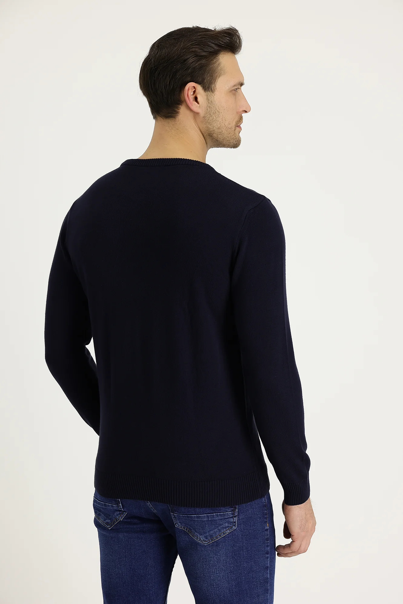 Koyu Lacivert Bisiklet Yaka Slim Fit Dar Kesim Desenli Triko Kazak - Image 3