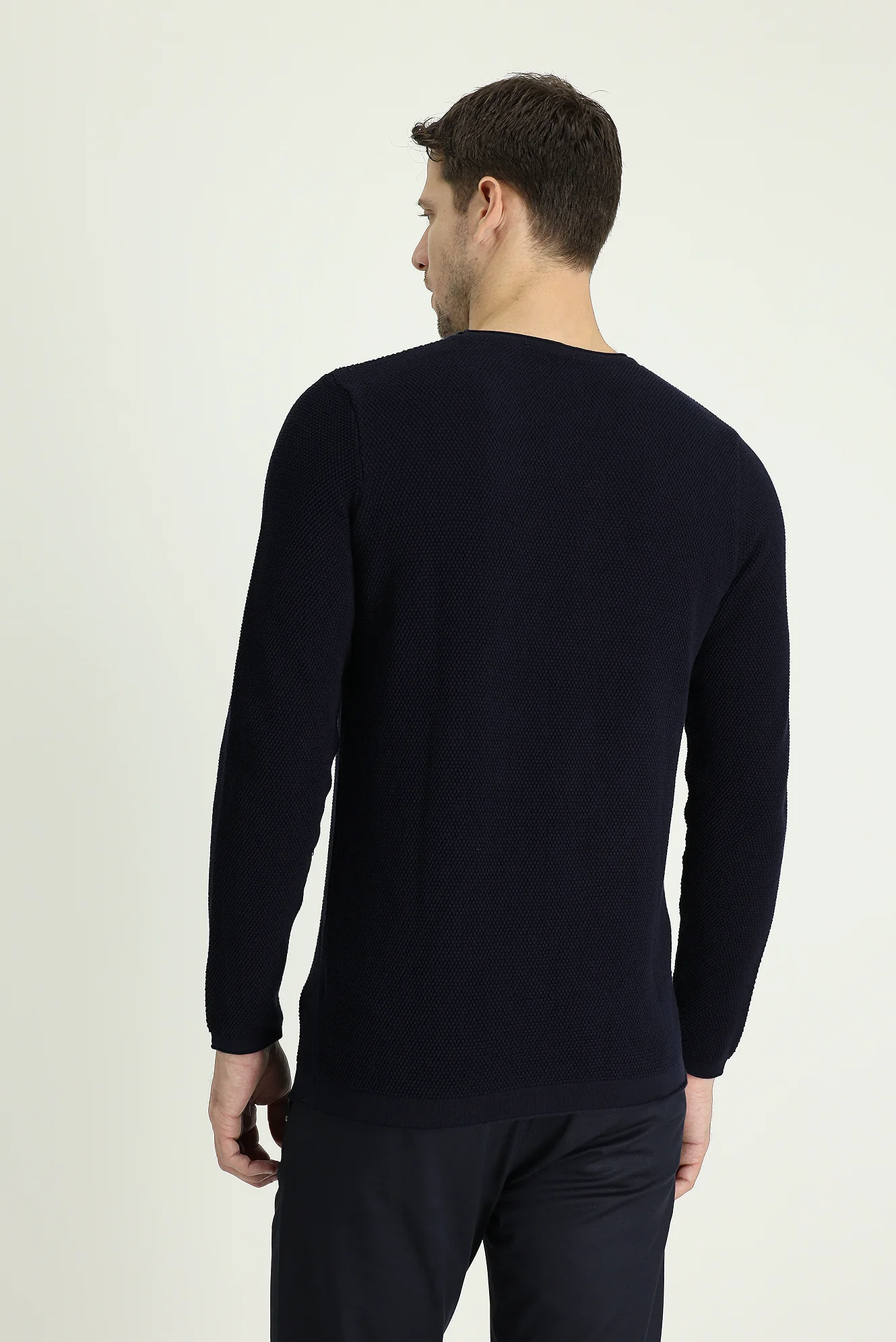 Koyu Lacivert Bisiklet Yaka Slim Fit Dar Kesim Desenli Triko Kazak - Image 3
